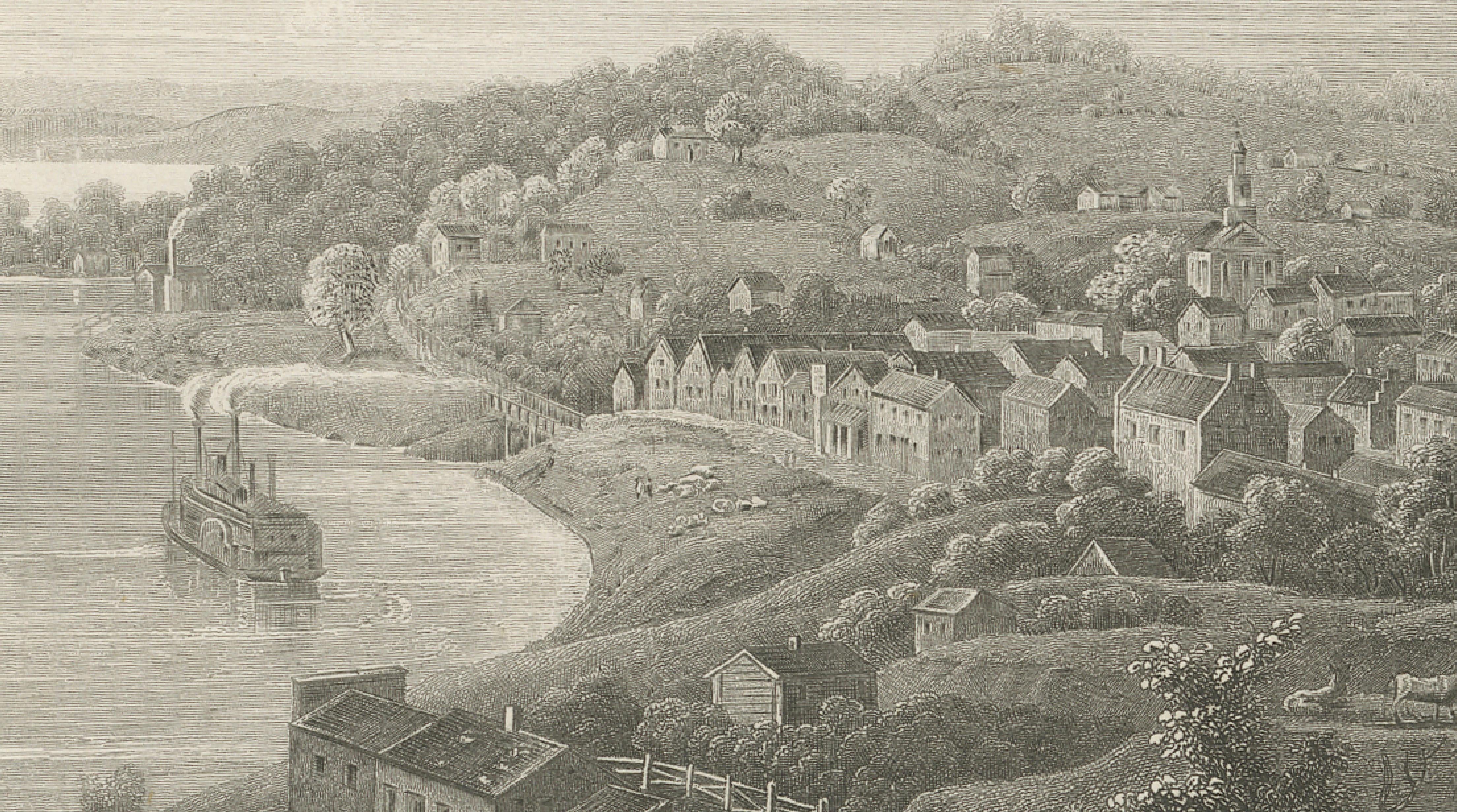 Weston Missouri River View Antique Print, Steamboat Landscape c.1850