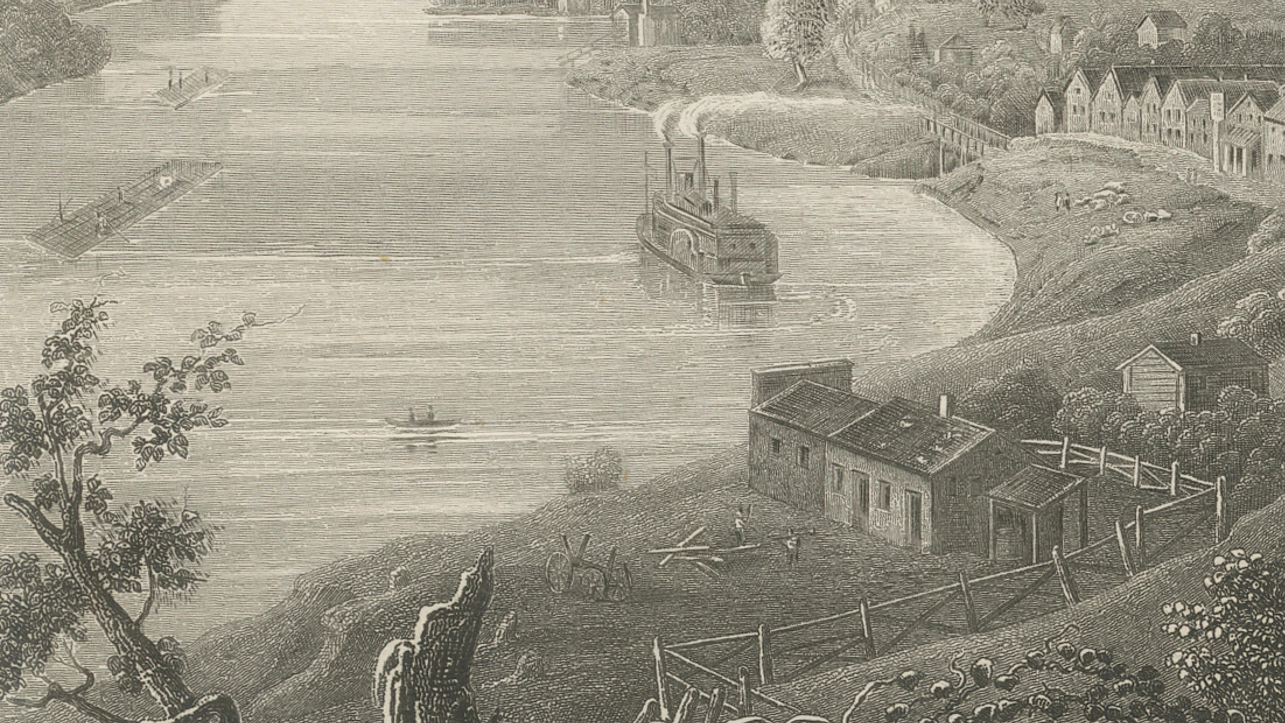 Weston Missouri River View Antique Print, Steamboat Landscape c.1850