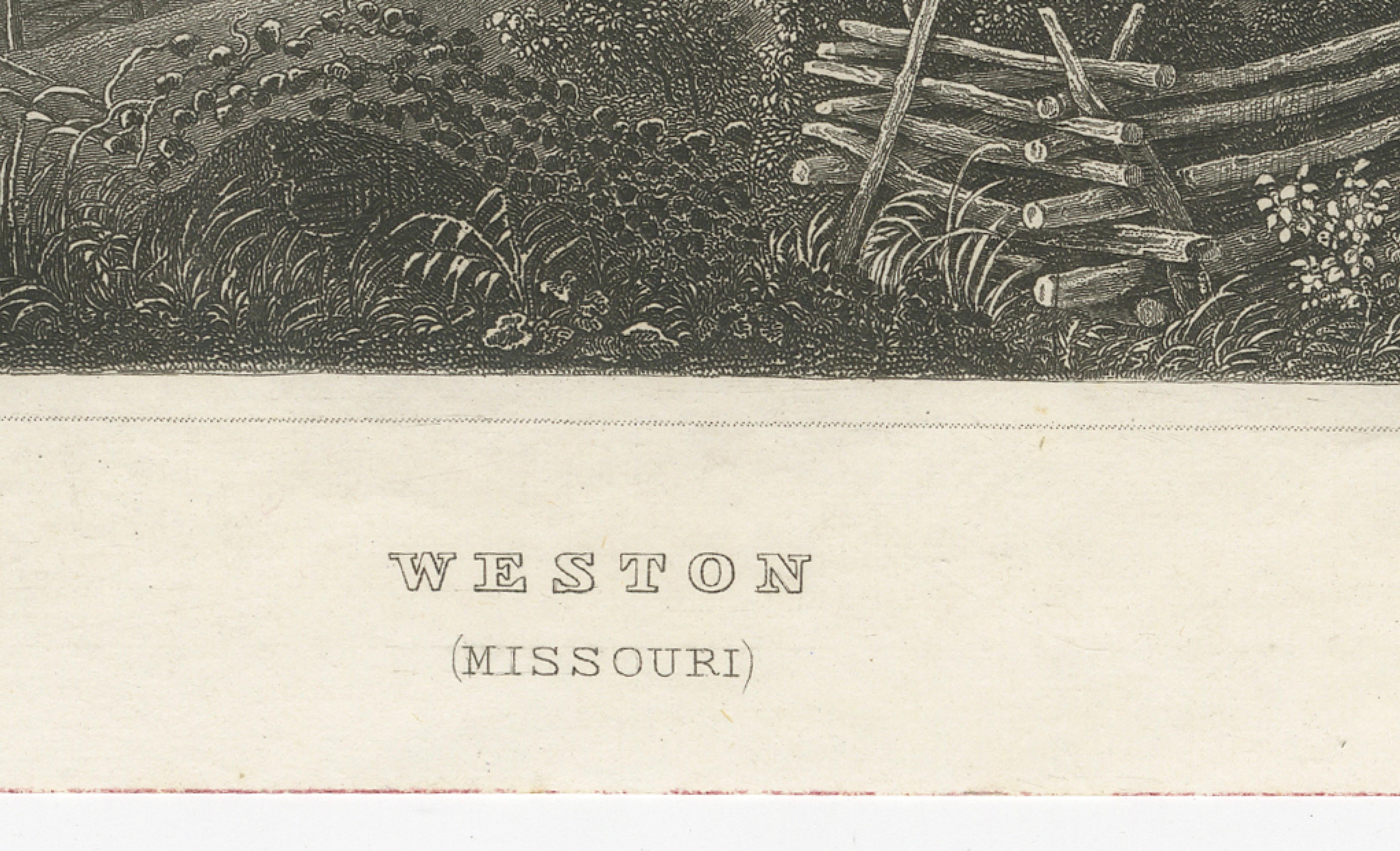 Weston Missouri River View Antique Print, Steamboat Landscape c.1850