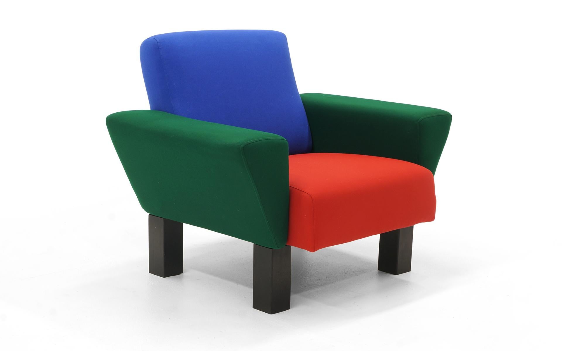 Rare Westside lounge chair by the master of Postmodern design, Ettore Sottsass. Expertly restored and reupholstered in the identical color fabric as the original. Made by Knoll.
