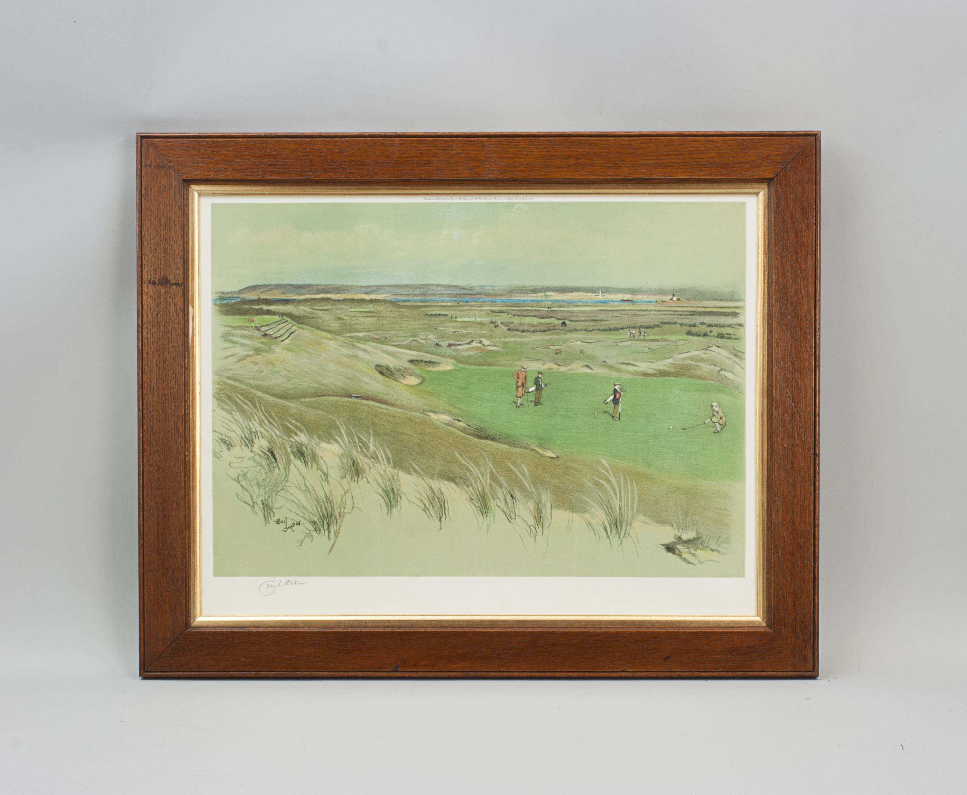 Cecil Aldin Golf Print, Westward Ho!- THE 6th GREEN.
A colourful framed golf photolithograph of Westward Ho! (Royal North Devon Golf Club) 6th Green. Signed in pencil in the lower left hand margin by the artist, Cecil Aldin. Printed and published by