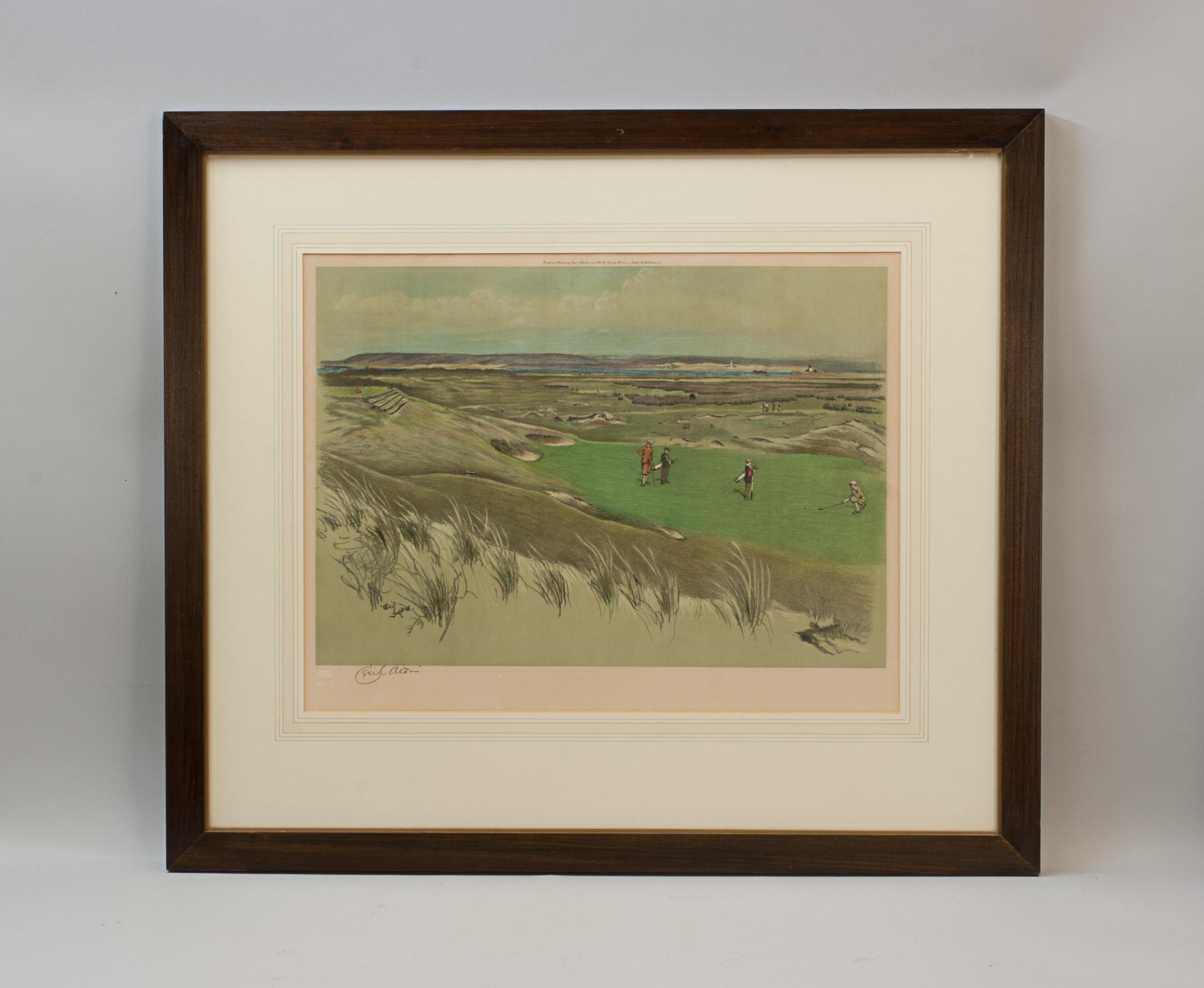 Lámina de golf firmada por Cecil Aldin, Westward Ho - The 6th Green.
¡Una colorida fotolitografía de golf enmarcada de Westward Ho! (Royal North Devon Golf Club) 6º Green. Firmado a lápiz en el margen inferior izquierdo por el artista, Cecil Aldin.