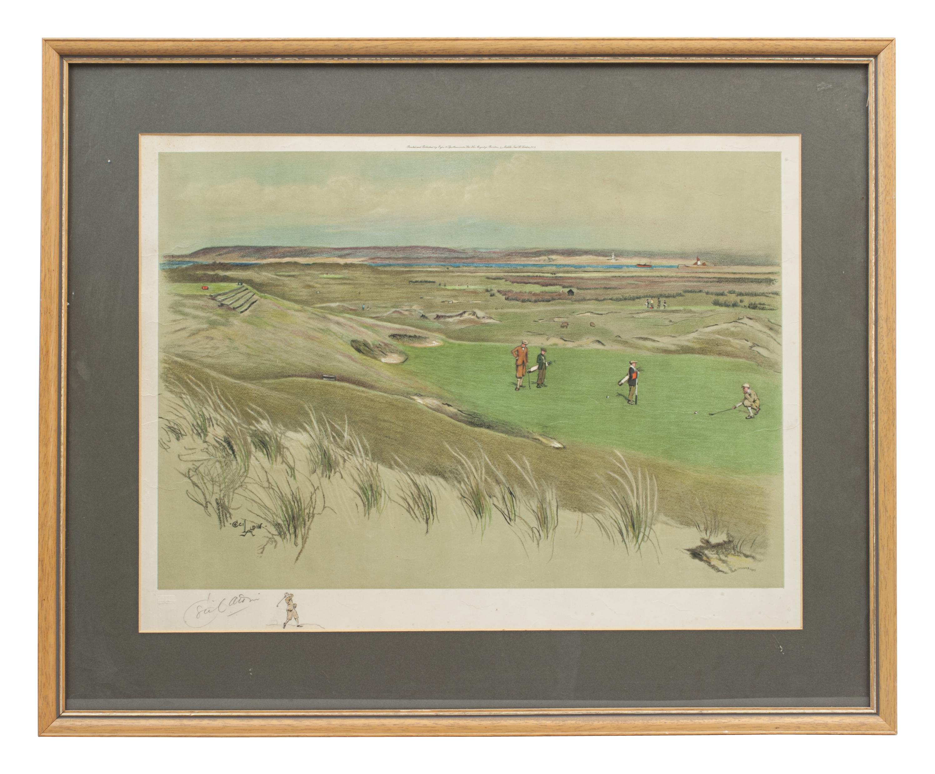 Cecil Aldin Golf print, Westward Ho!- The 6th green.
A mounted and framed golf photolithograph of Westward Ho! (Royal North Devon Golf Club) 6th Green. Signed in pencil by the artist with painted remarque of a golfer in full swing and with hand