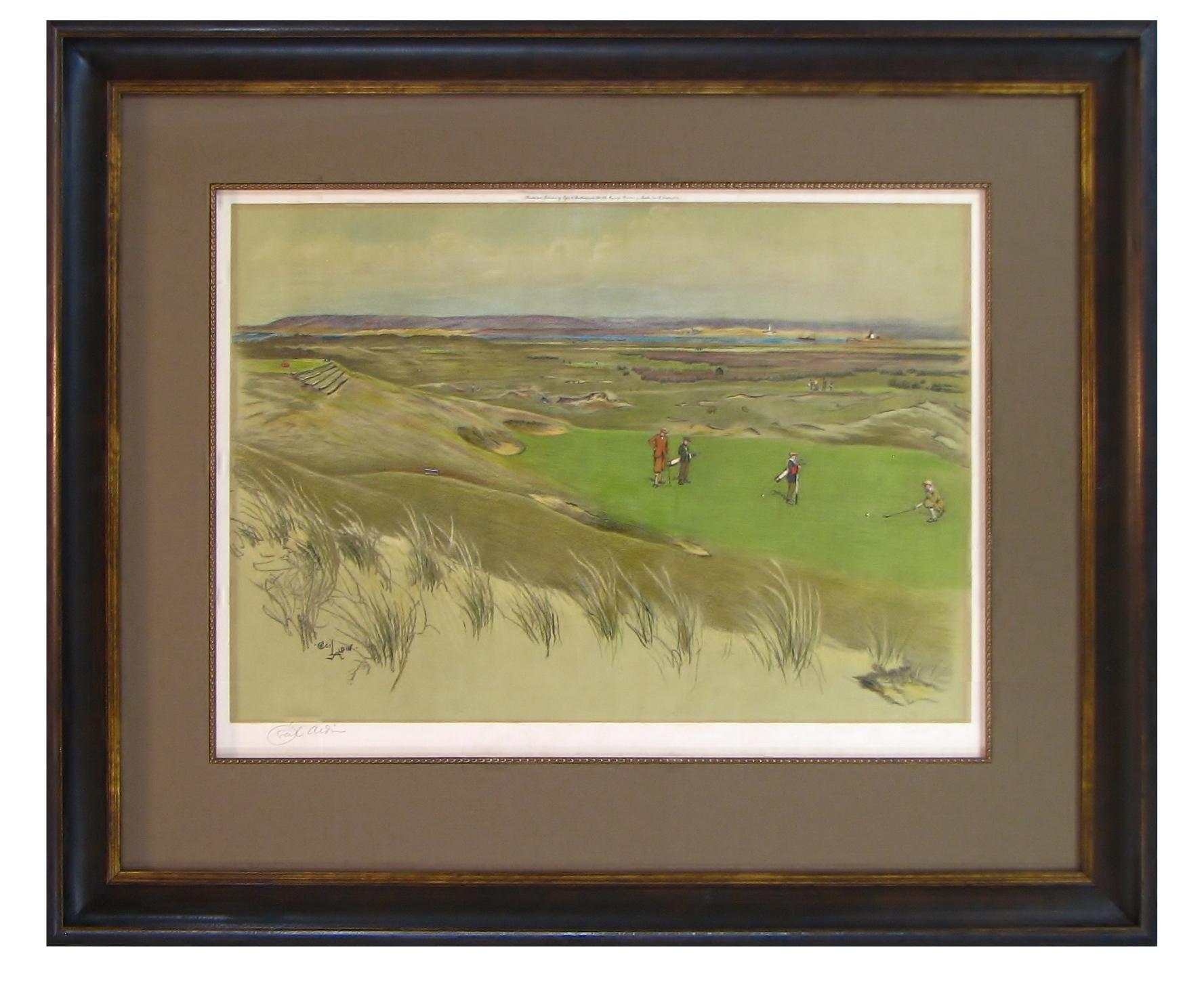 This is a signed color photolithograph by Cecil Aldin, depicting the English golf course Royal North Devon at Westward Ho!. The photolithograph depicts golfers on the course’s sixth green. Royal North Devon at Westward Ho! can rightly claim to be
