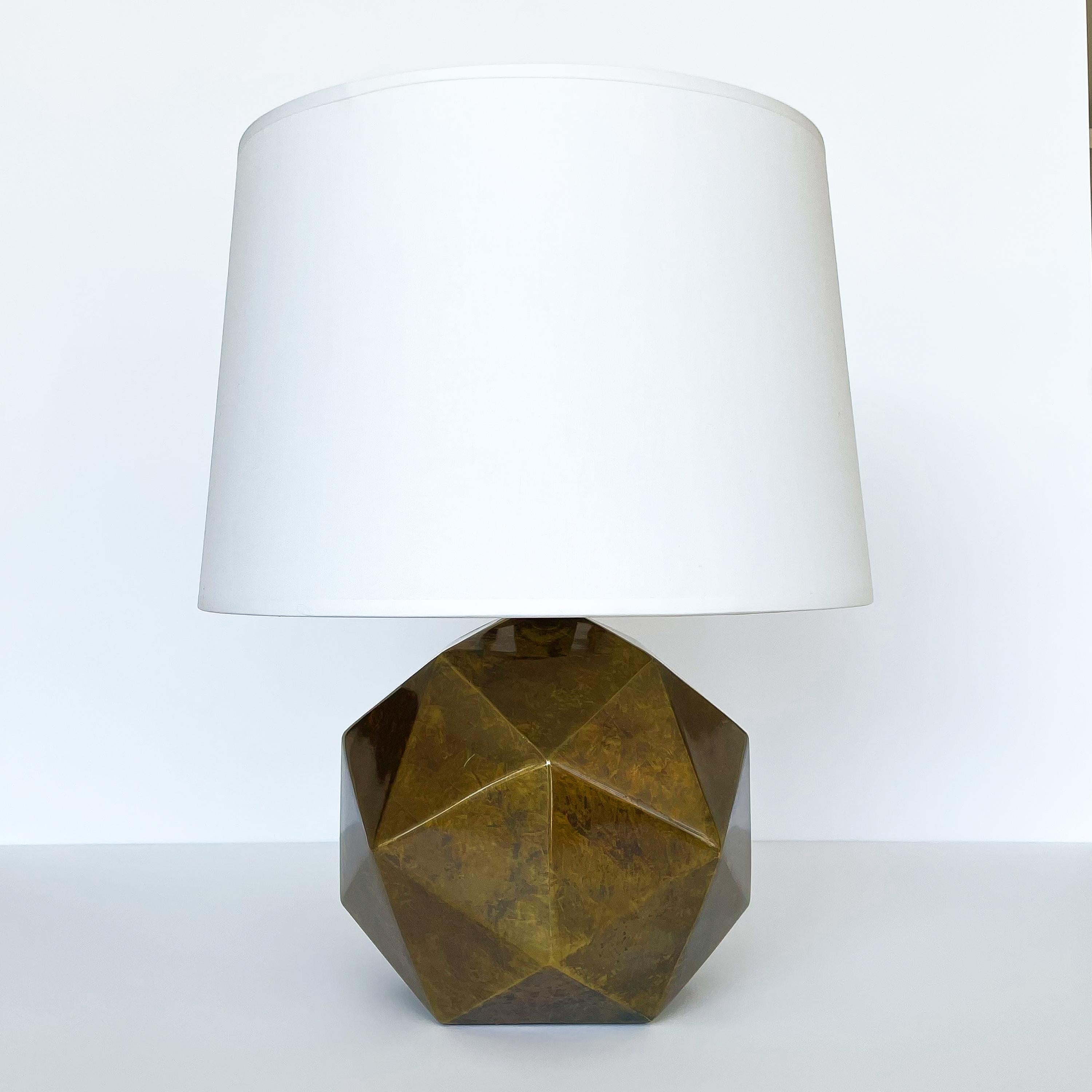Westwood Industries antique bronze faceted geometric table lamp, circa 1978. Geodesic form with antique bronze finish. Brass harp and solid brass cylinder finial. Takes one standard base light bulb. Working condition. Sold sans shade. Very good