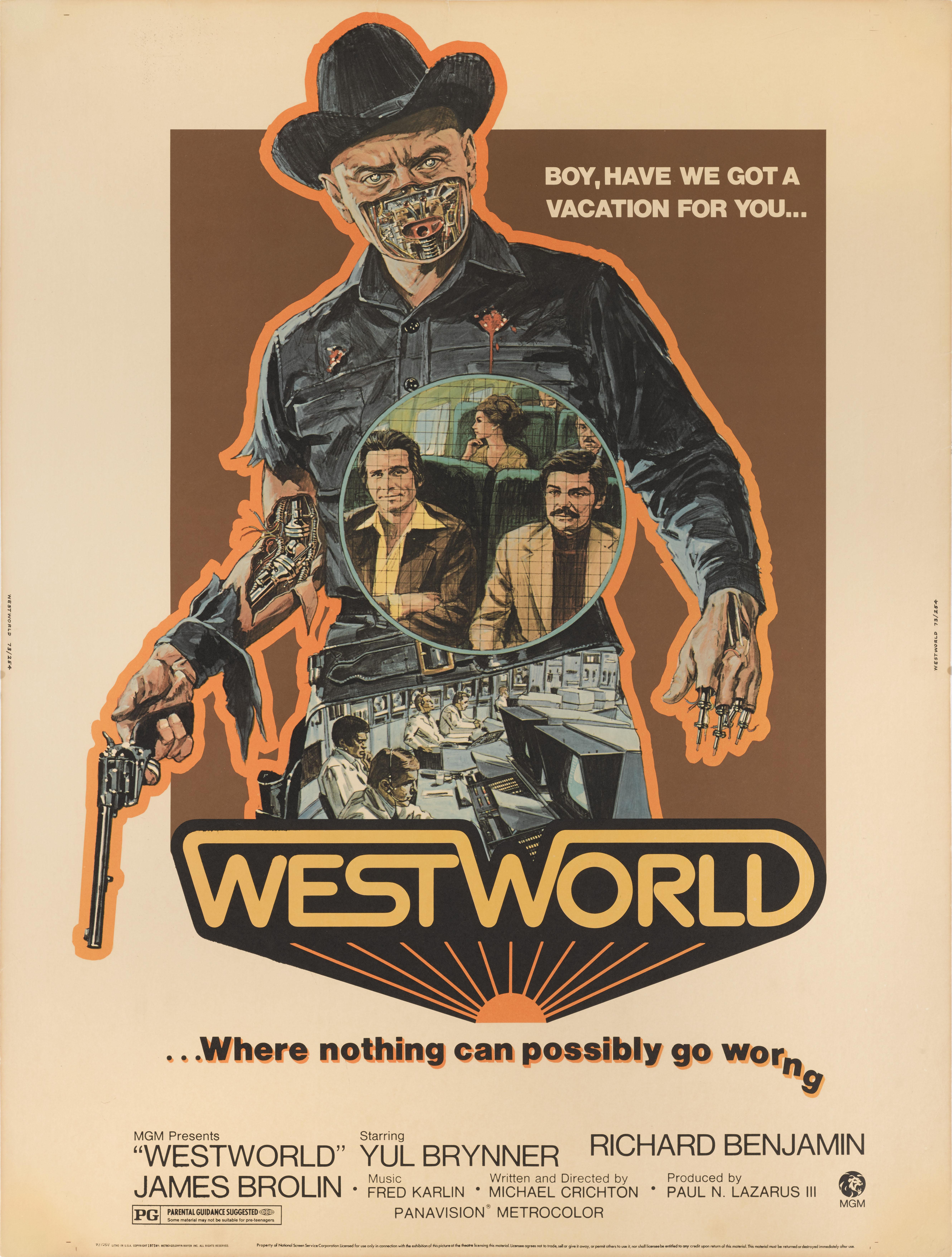 Original US film poster for The  cult science fiction film Westworld 1973.
This film starred Yul Brynner, Richard Benjamin and James Brolin. This film was directed by Michael Crichton.
This poster is unfolded and conservation linen backed and would