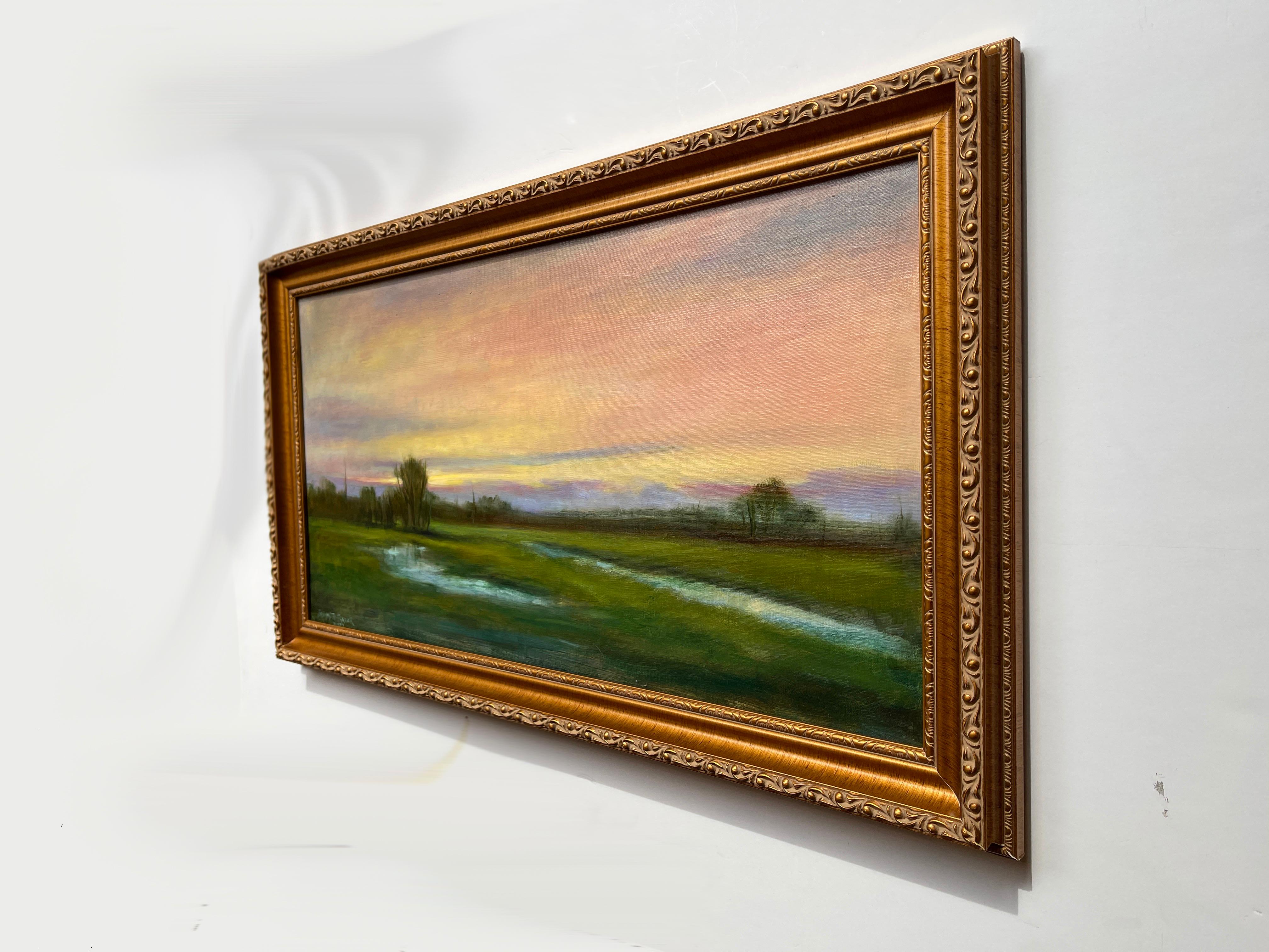 Hand-Painted Wetlands, Reflective Marsh on a Spring Sky, Soft Romantic Colors, Original Oil