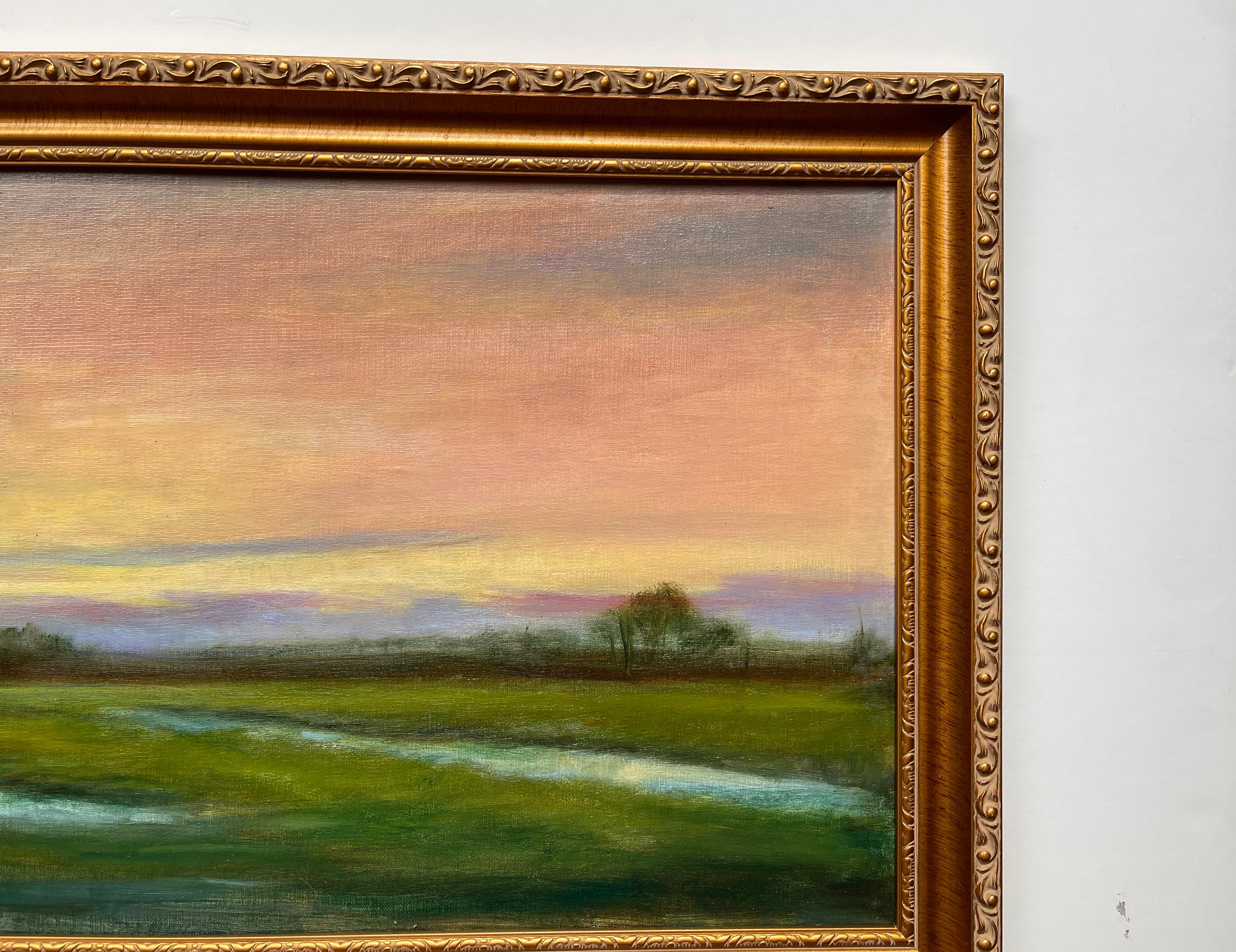 Contemporary Wetlands, Reflective Marsh on a Spring Sky, Soft Romantic Colors, Original Oil