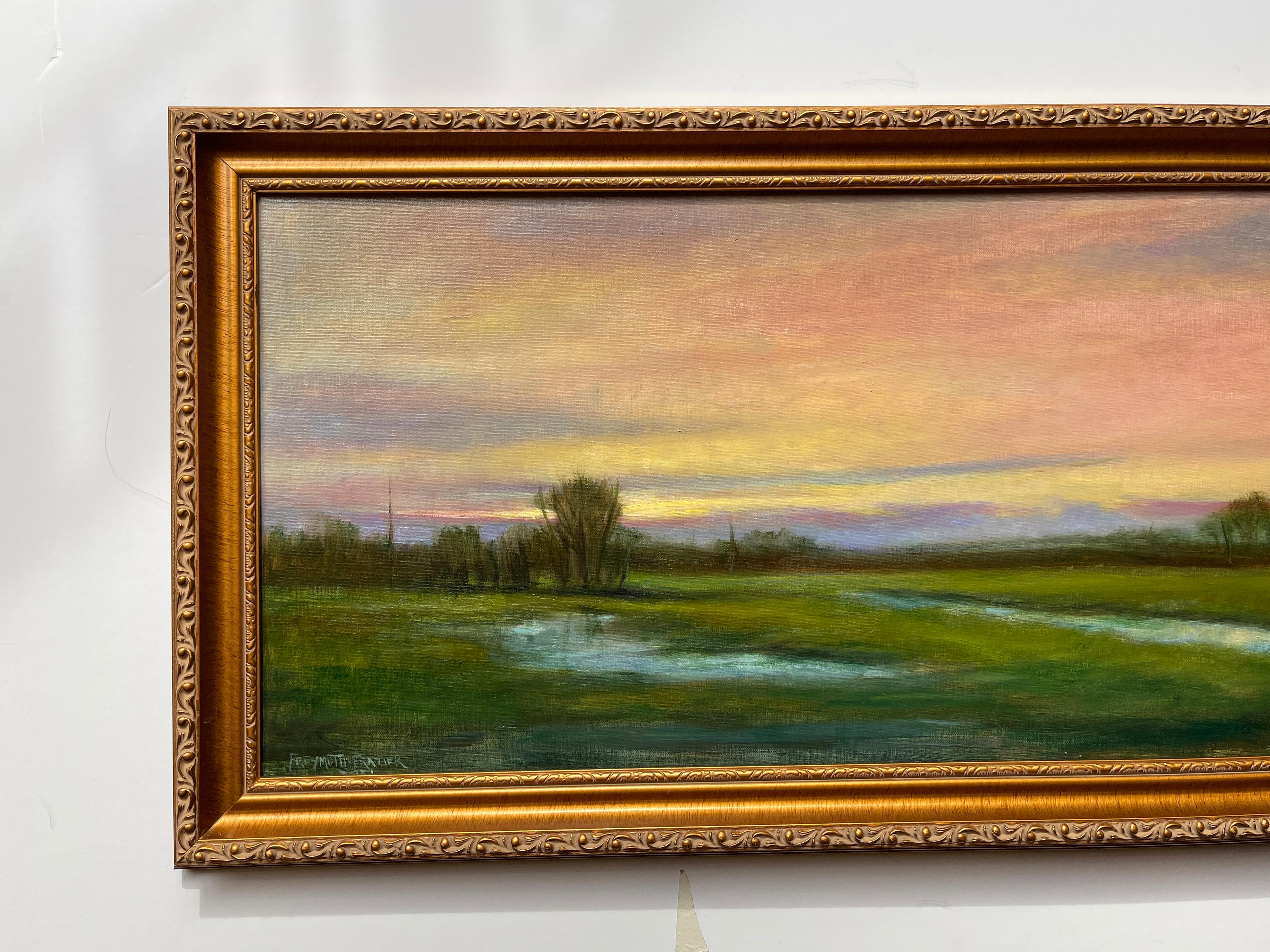 Paint Wetlands, Reflective Marsh on a Spring Sky, Soft Romantic Colors, Original Oil