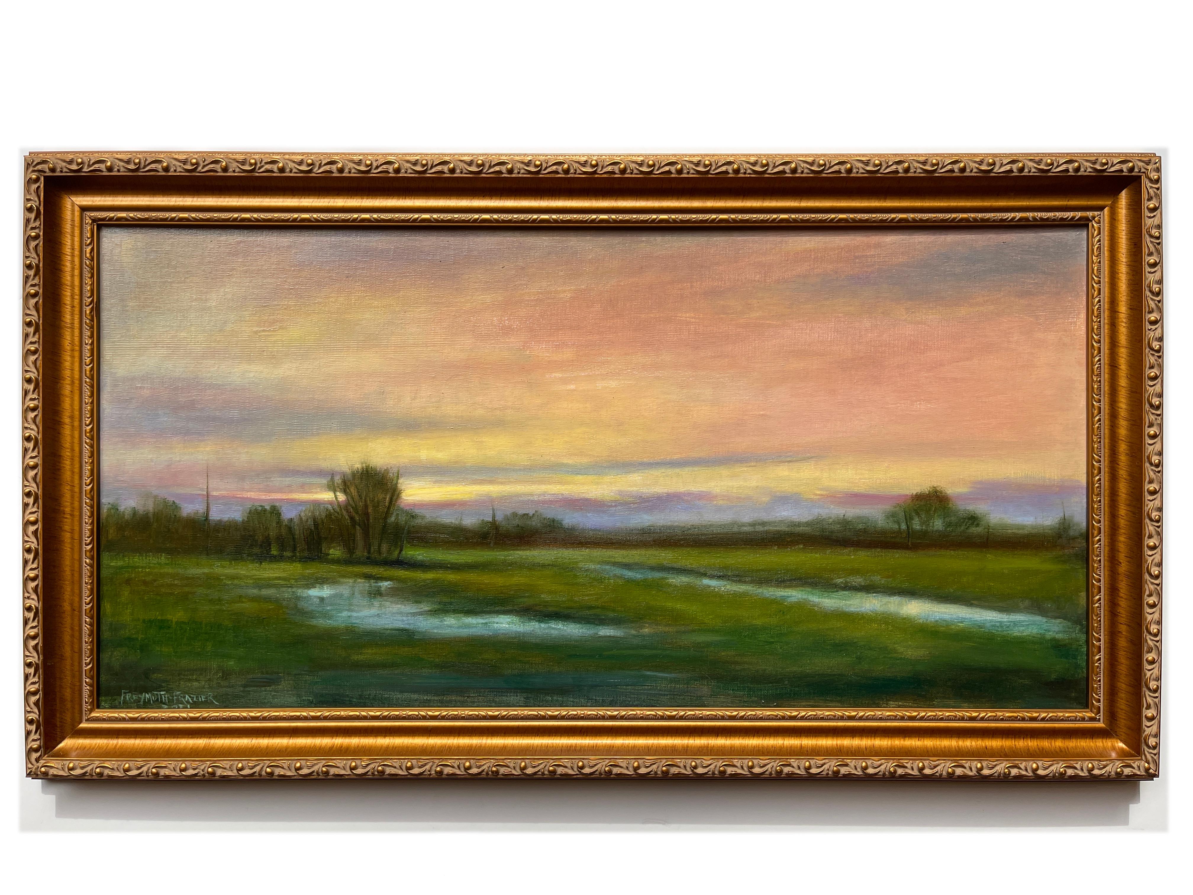 Wetlands, Reflective Marsh on a Spring Sky, Soft Romantic Colors, Original Oil 1