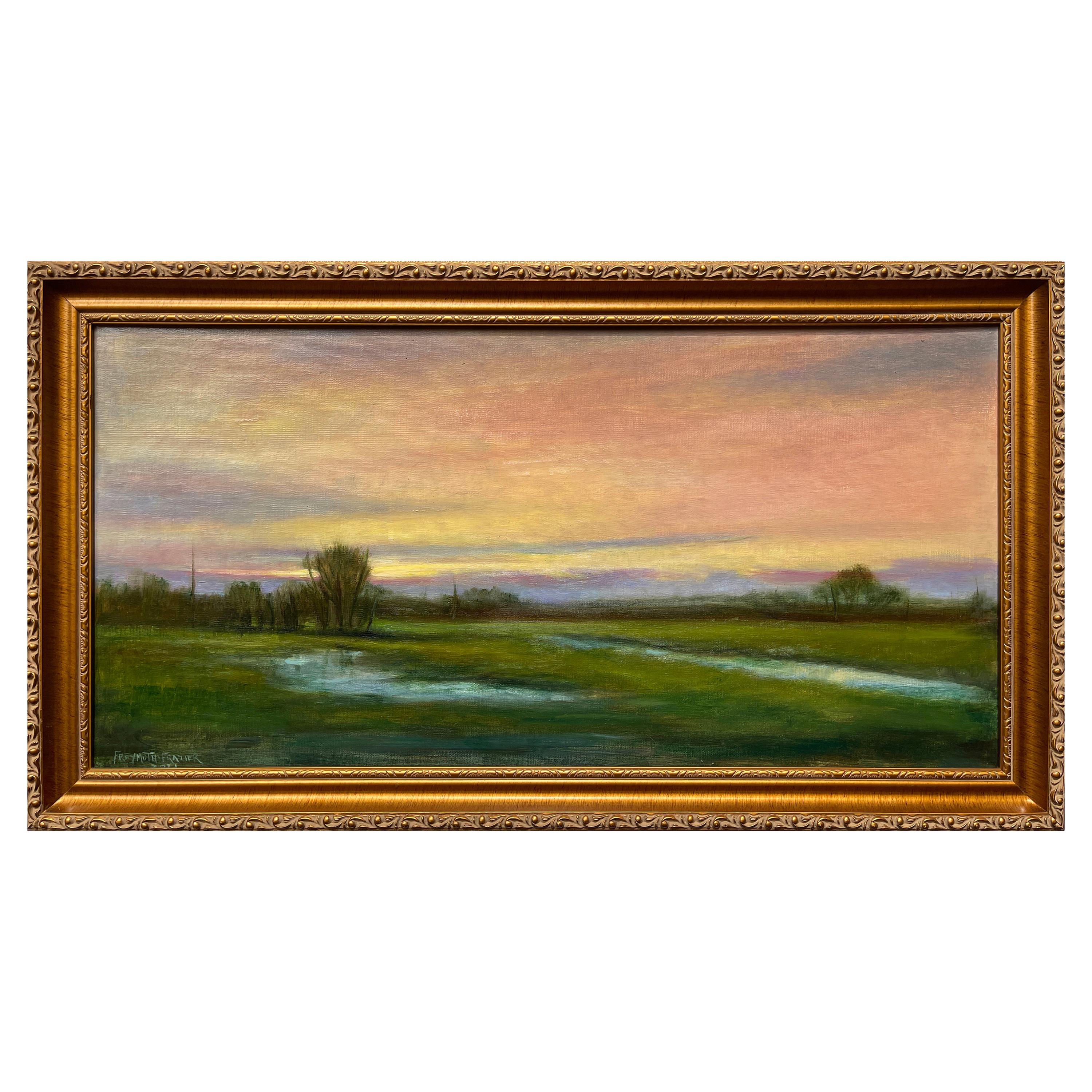 Wetlands, Reflective Marsh on a Spring Sky, Soft Romantic Colors, Original Oil
