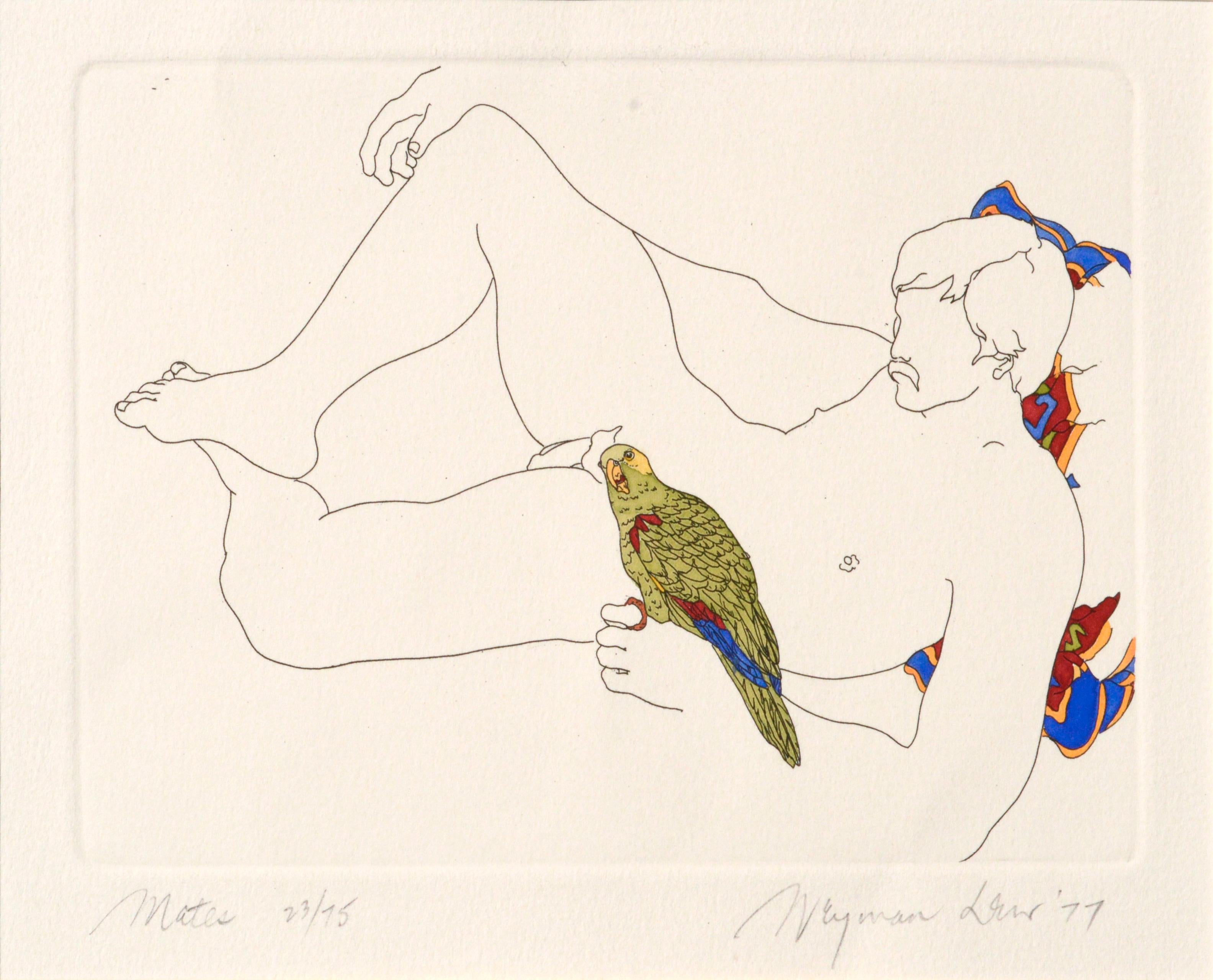 Male Nude with Parrot - Hand Colored Lithograph - Signed and Numbered - Painting by Weyman Lew