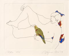 Male Nude with Parrot - Hand Colored Lithograph - Signed and Numbered