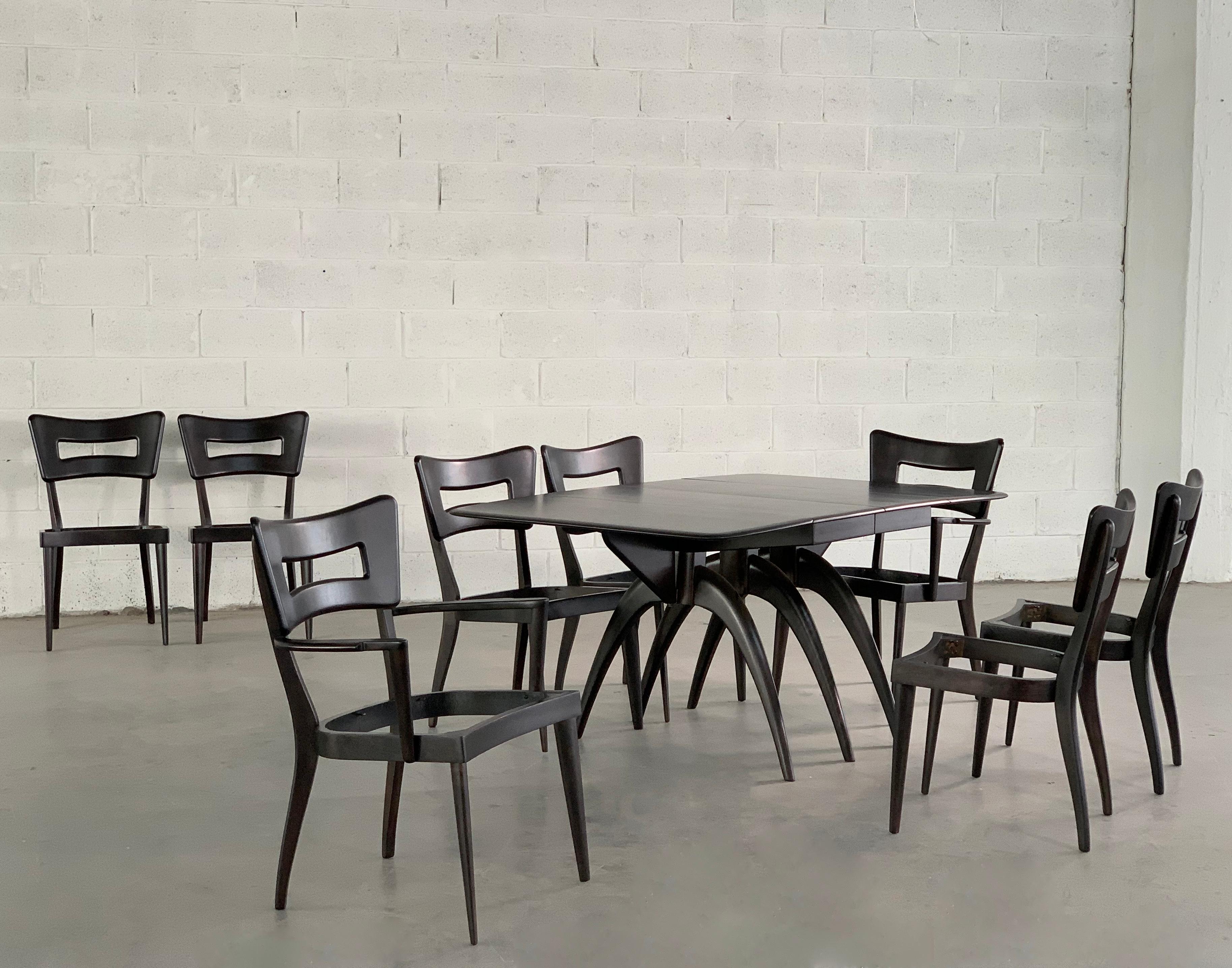 Mid-Century Modern Heywood Wakefield Ebonized Wishbone Dogbone Dining Room Set For Eight