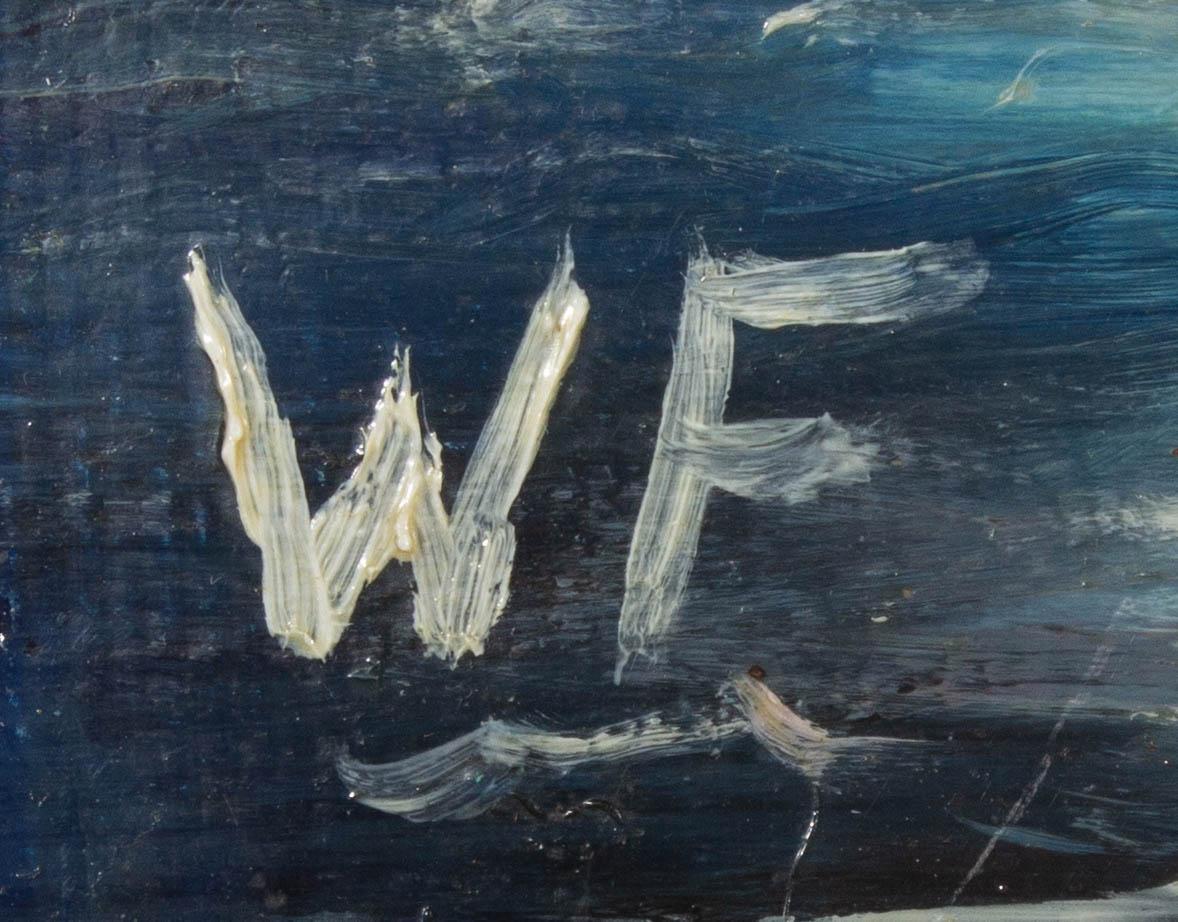 W.F. - Olio del XX secolo, Una barca al tramonto in vendita 4