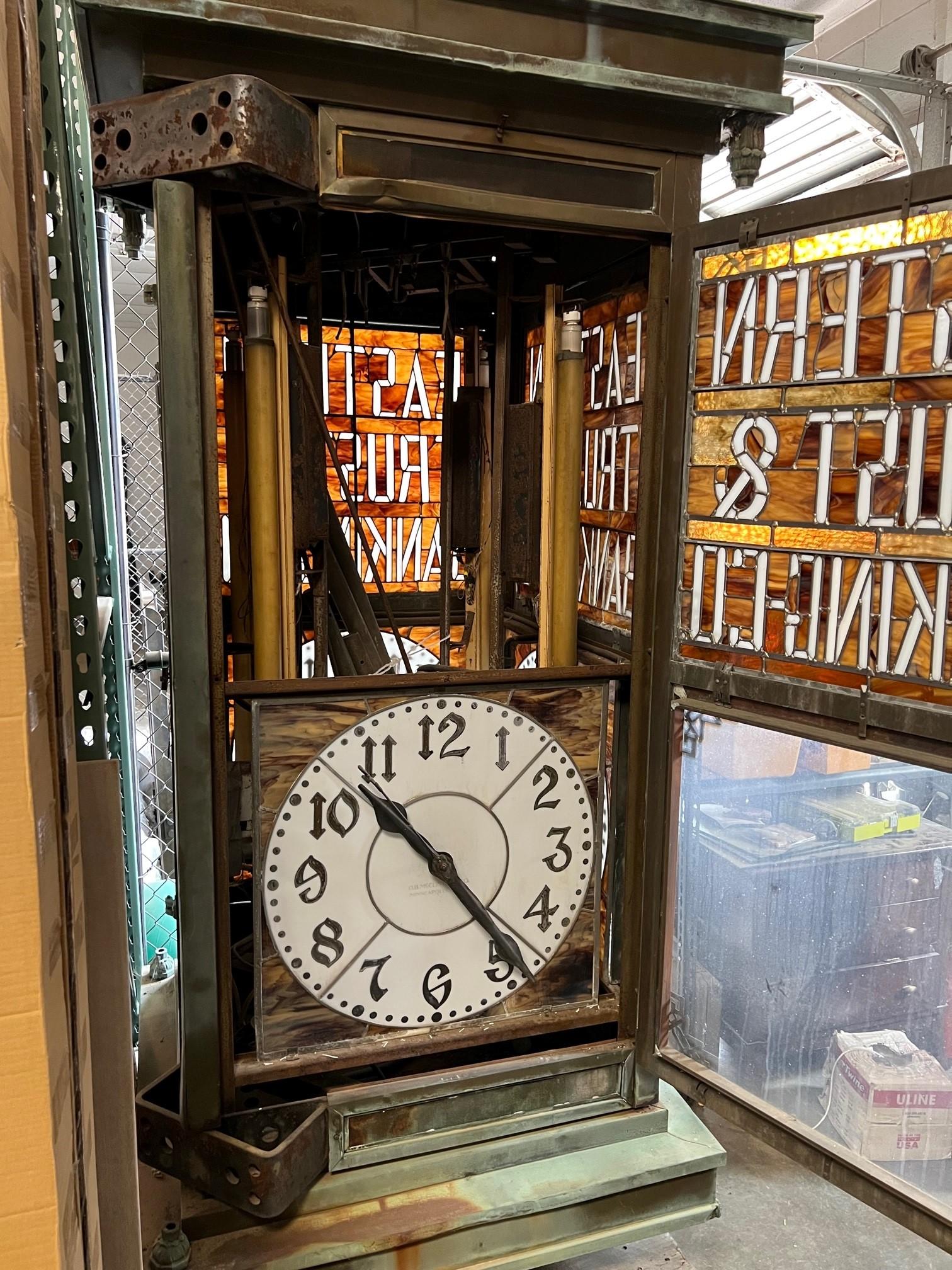 W.F. Weeks Co. Large Four Sided Copper and Stained Glass Street Clock   8