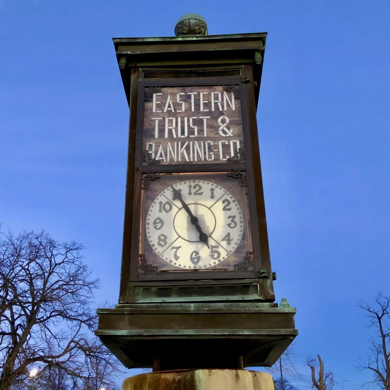We have an amazing four sided outdoor street clock that came off the Eastern Trust & Banking Company Building on State street in Bangor, Maine. It was made by Adolf Pfaff who operated W.F. Weeks local jeweler and watchmaker in downtown Bangor Maine