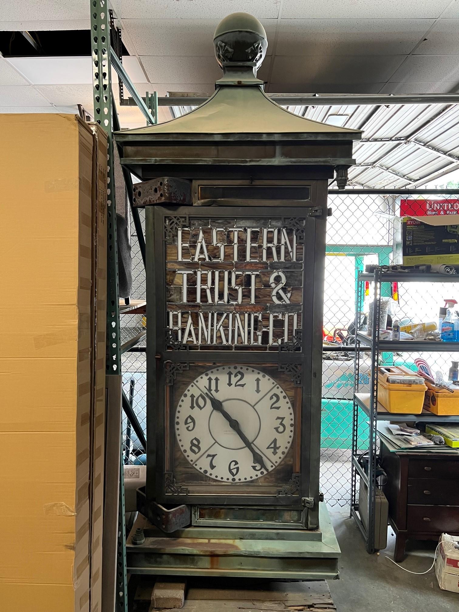 W.F. Weeks Co. Large Four Sided Copper and Stained Glass Street Clock   In Good Condition In Stamford, CT