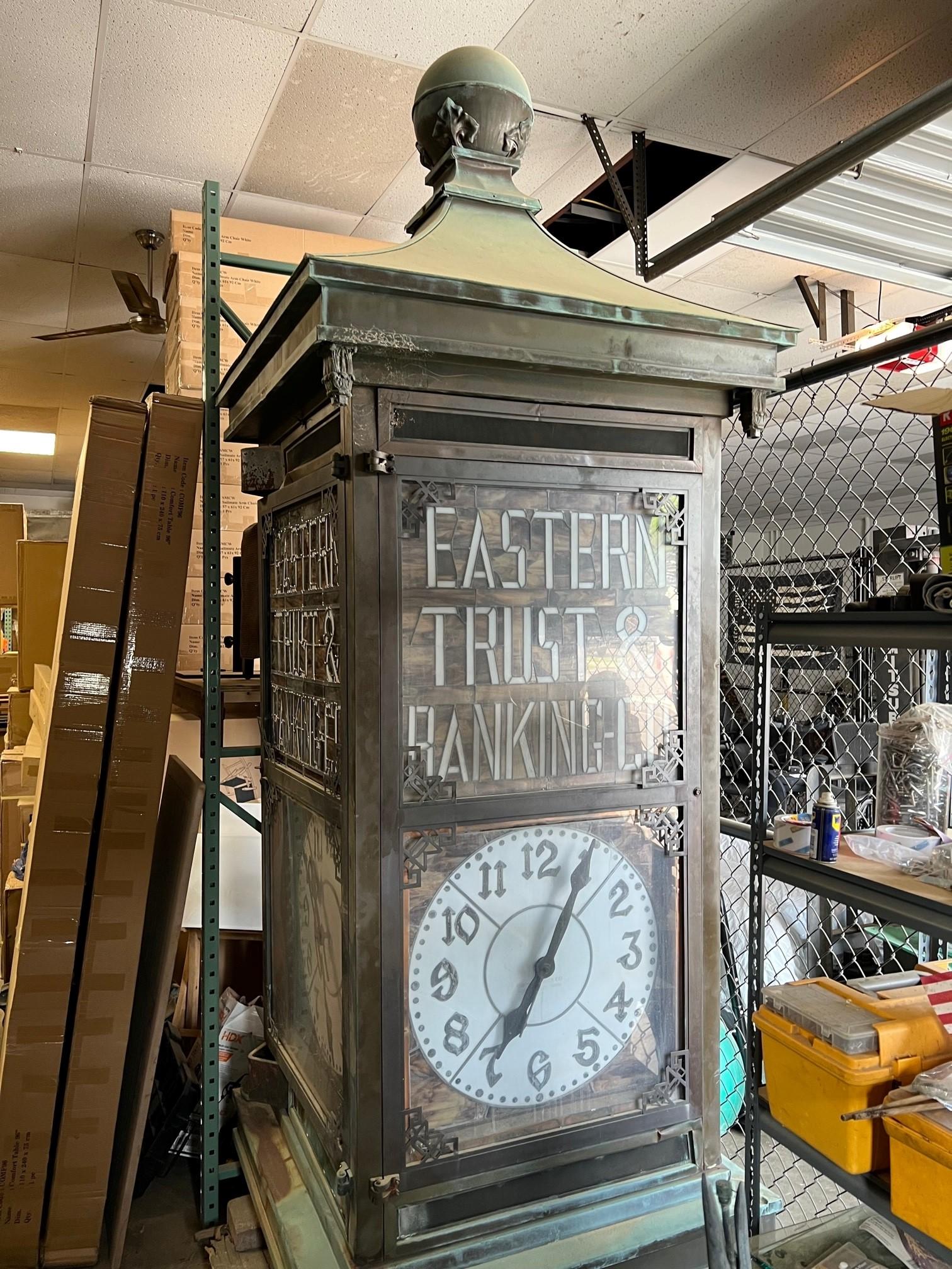 19th Century W.F. Weeks Co. Large Four Sided Copper and Stained Glass Street Clock  