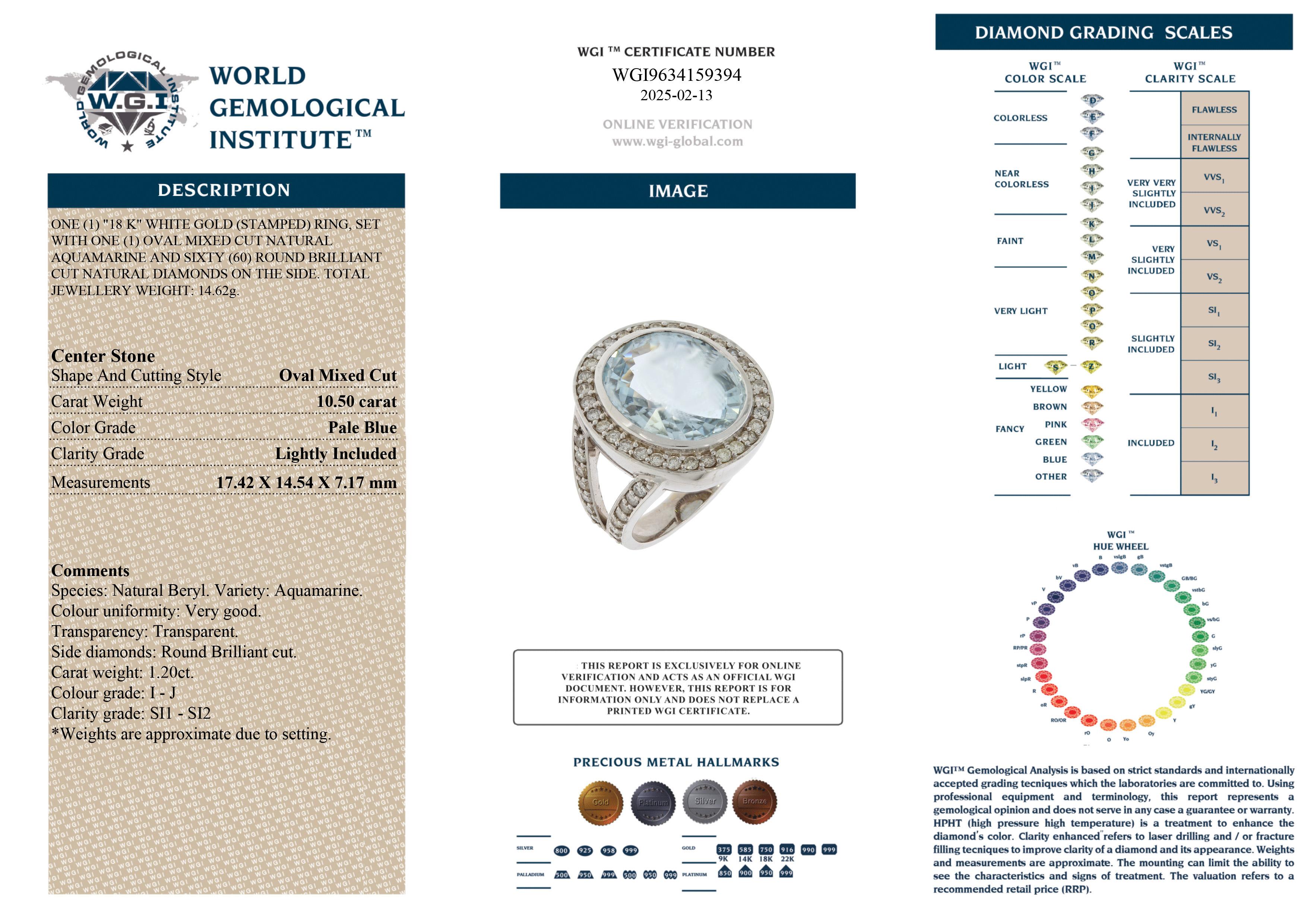 WGI-zertifiziert 10,50 Karat. Aquamarin und 1,20 Karat. Diamant-Cluster-Ring im Angebot 4