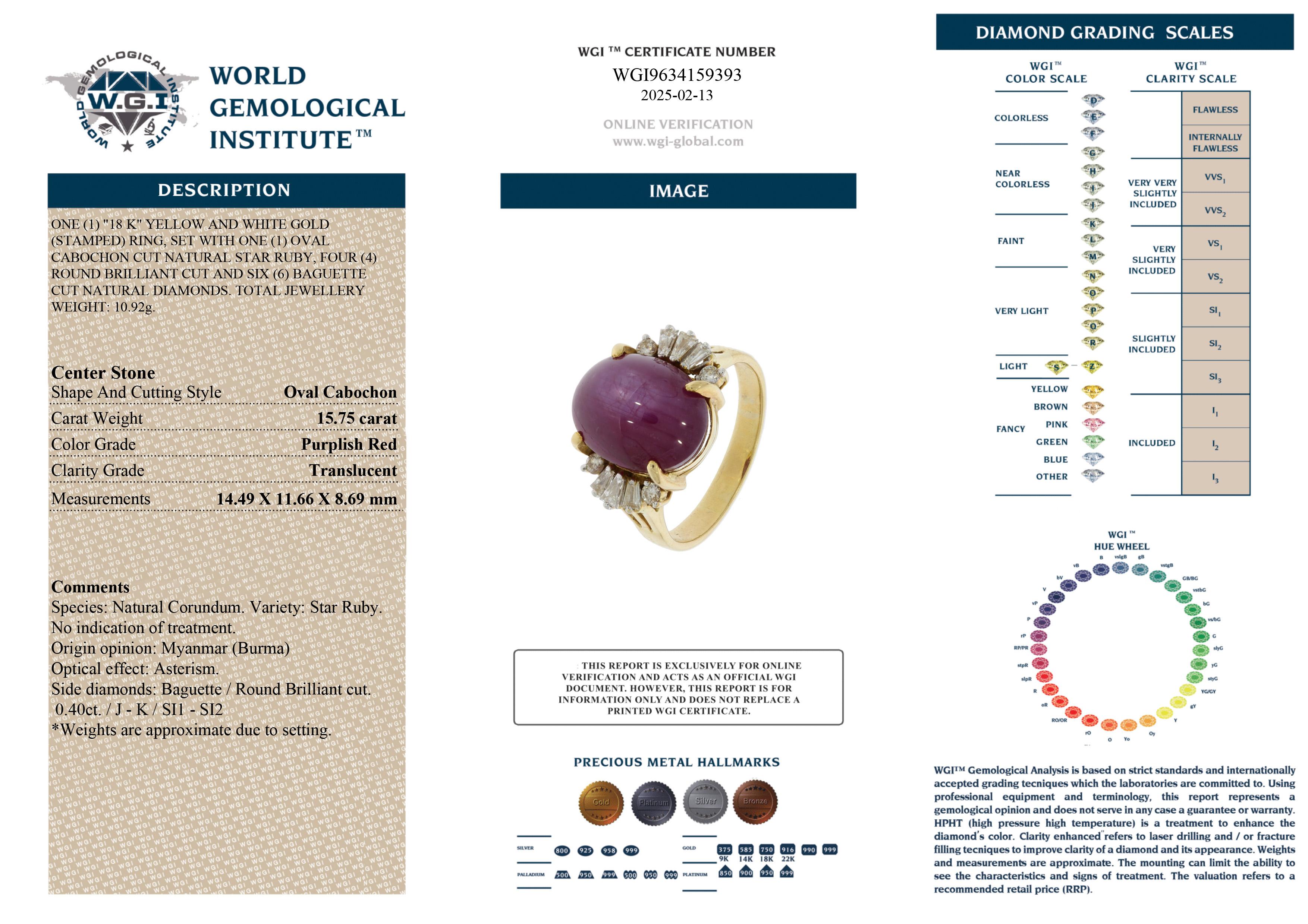 18kt. yellow gold star ruby cabochon ring accentuated with ten round brilliant and tapered baguette cut diamonds.

Ring Details:
Metal: 18kt yellow gold
Finger Size: UK V  US 11  EU 64
Weight: 8 grams

Star Ruby:
Cut: Oval cabochon
Colour Grade: