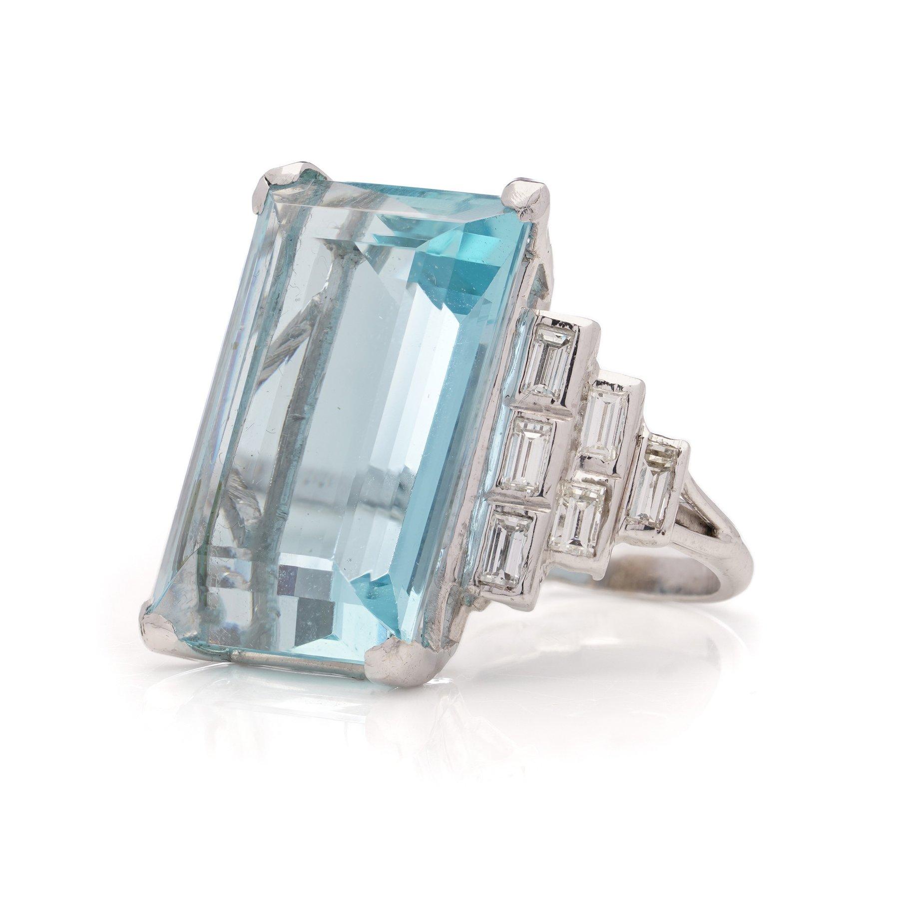WGI Certified 23.60 cts. Step-Cut Aquamarine and Diamond Ring For Sale 2