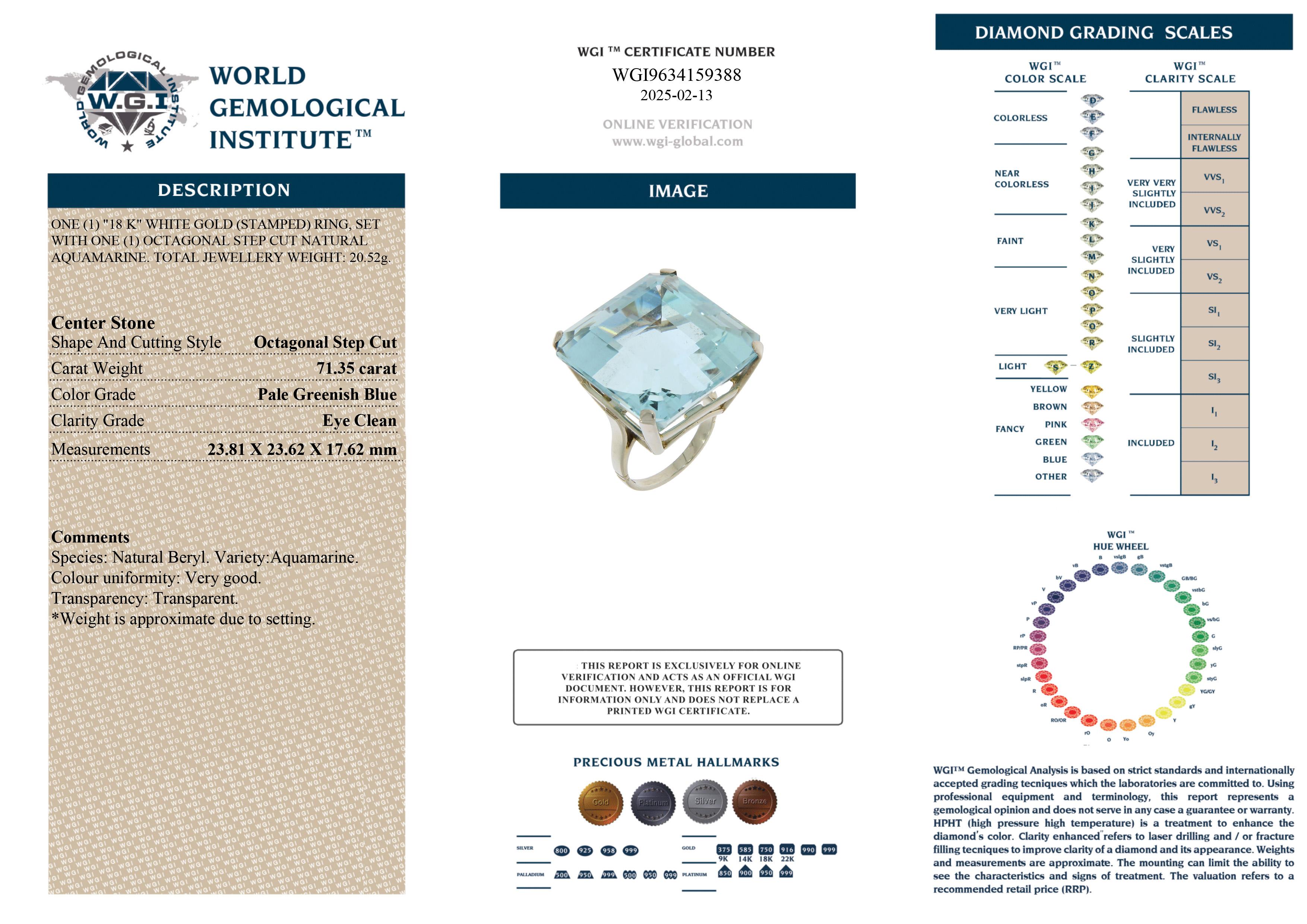 Women's WGI Certified 71.35 carat Octagonal Step-Cut Aquamarine Cocktail ring For Sale