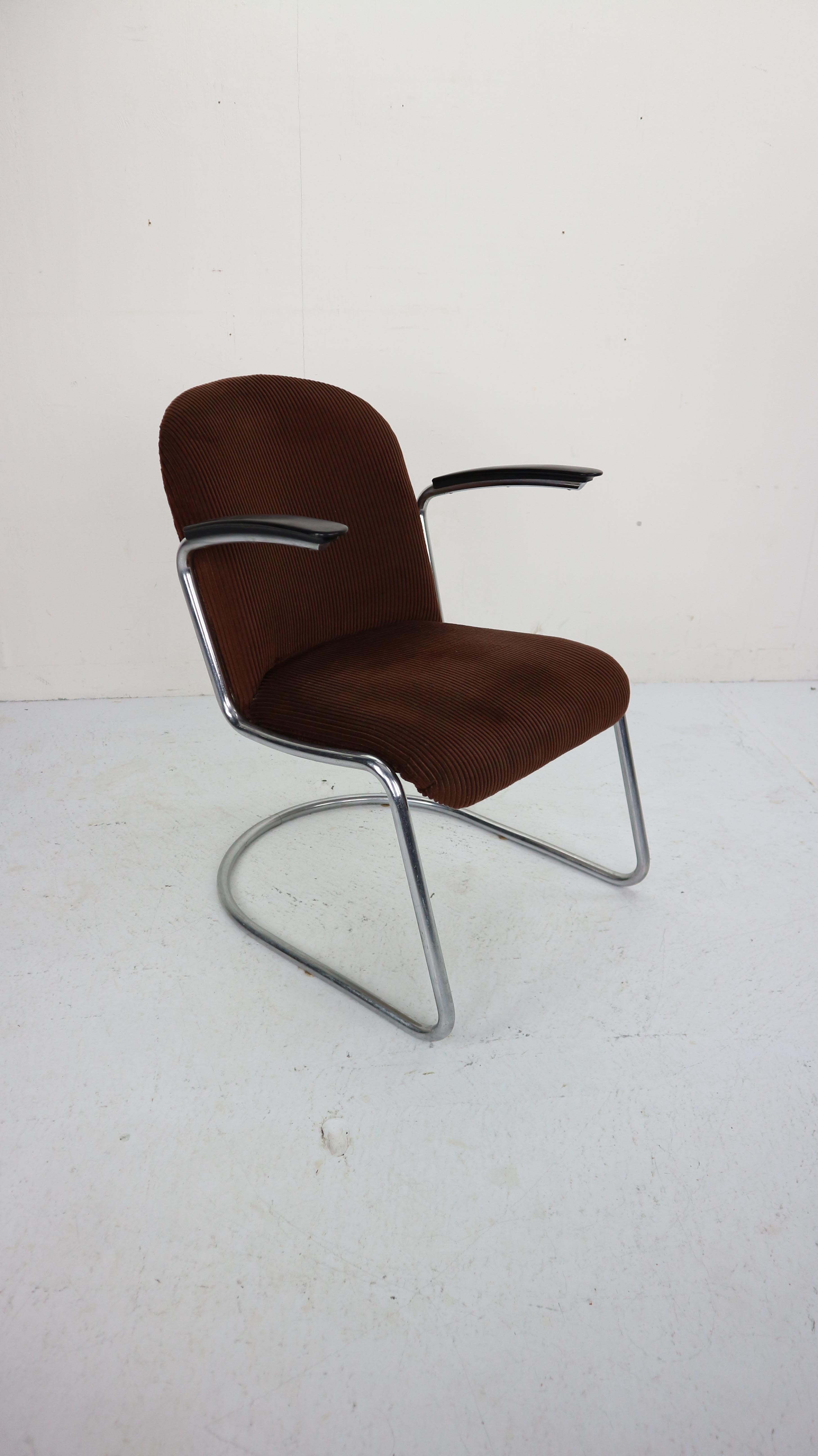 The easy armchair designed by W.H. Gipsen for Gipsen Culemborg manufacture in 1953, Netherlands.
Model number- 413.
Chrome version, very comfortable original easy chair with original dark brown color upholstery including the original version of