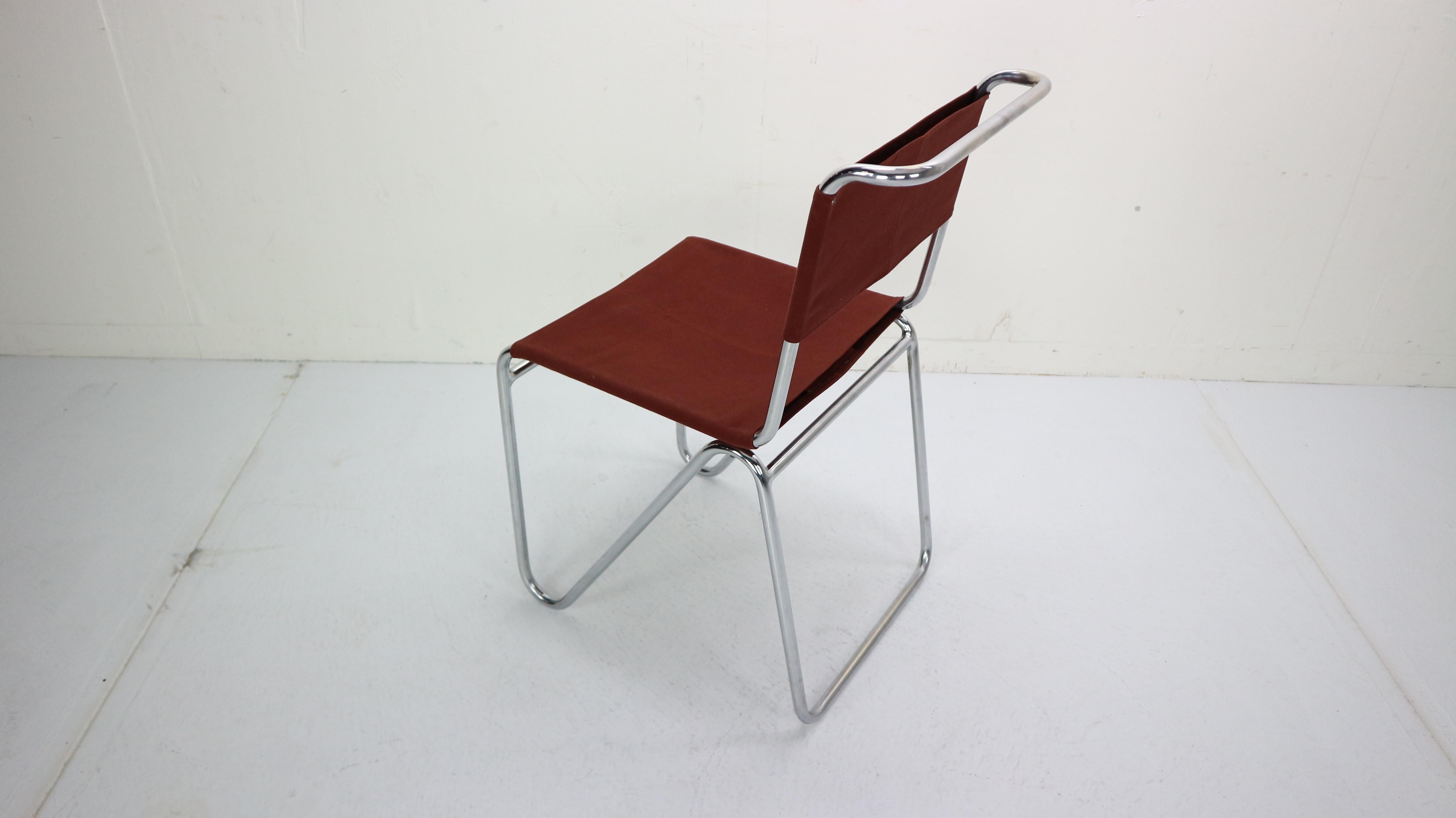 W.H. Gispen for Gispen, Diagonal Industrial Chair 102, Red Canvas, 1930s 5