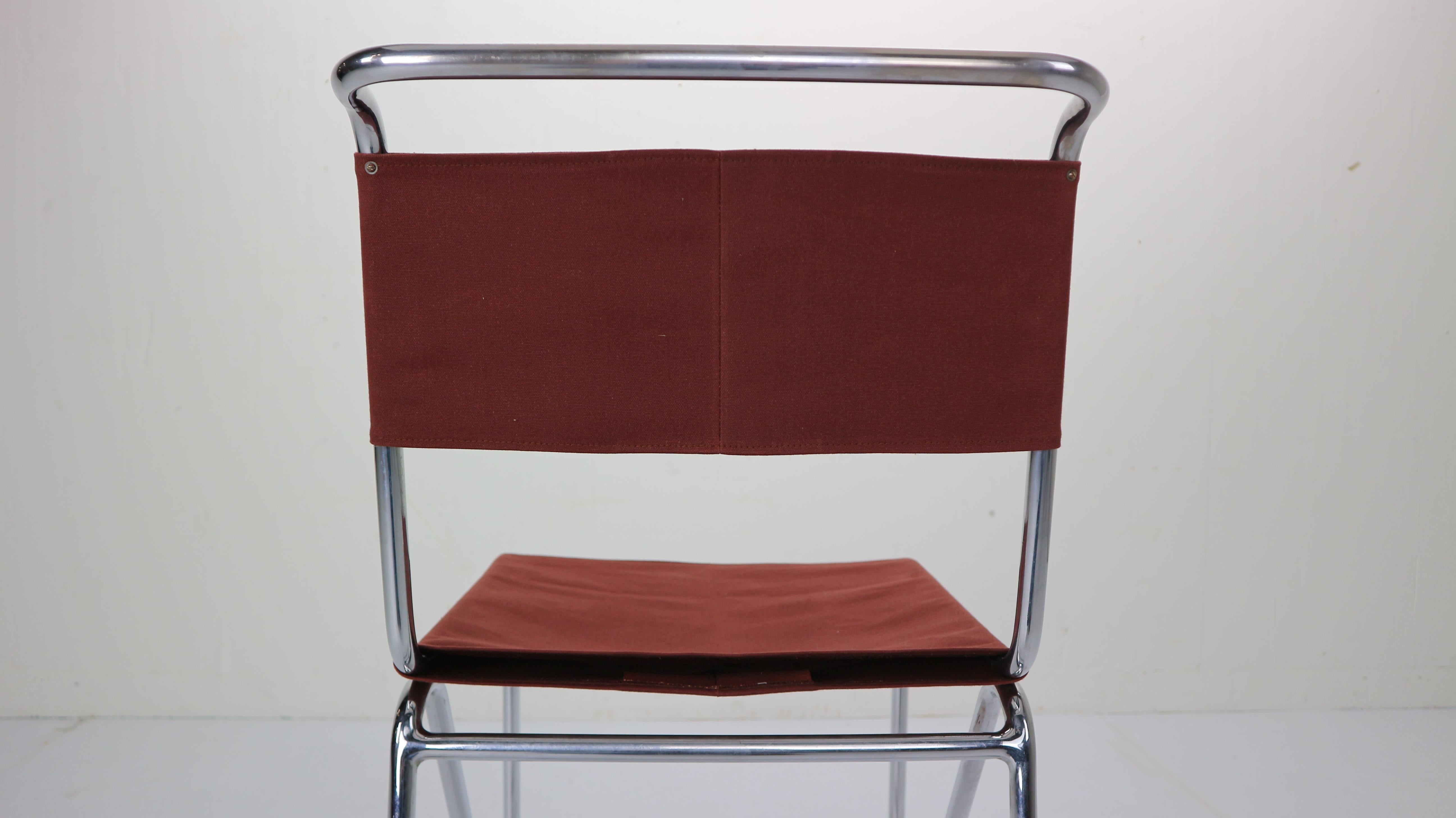 W.H. Gispen for Gispen, Diagonal Industrial Chair 102, Red Canvas, 1930s 13