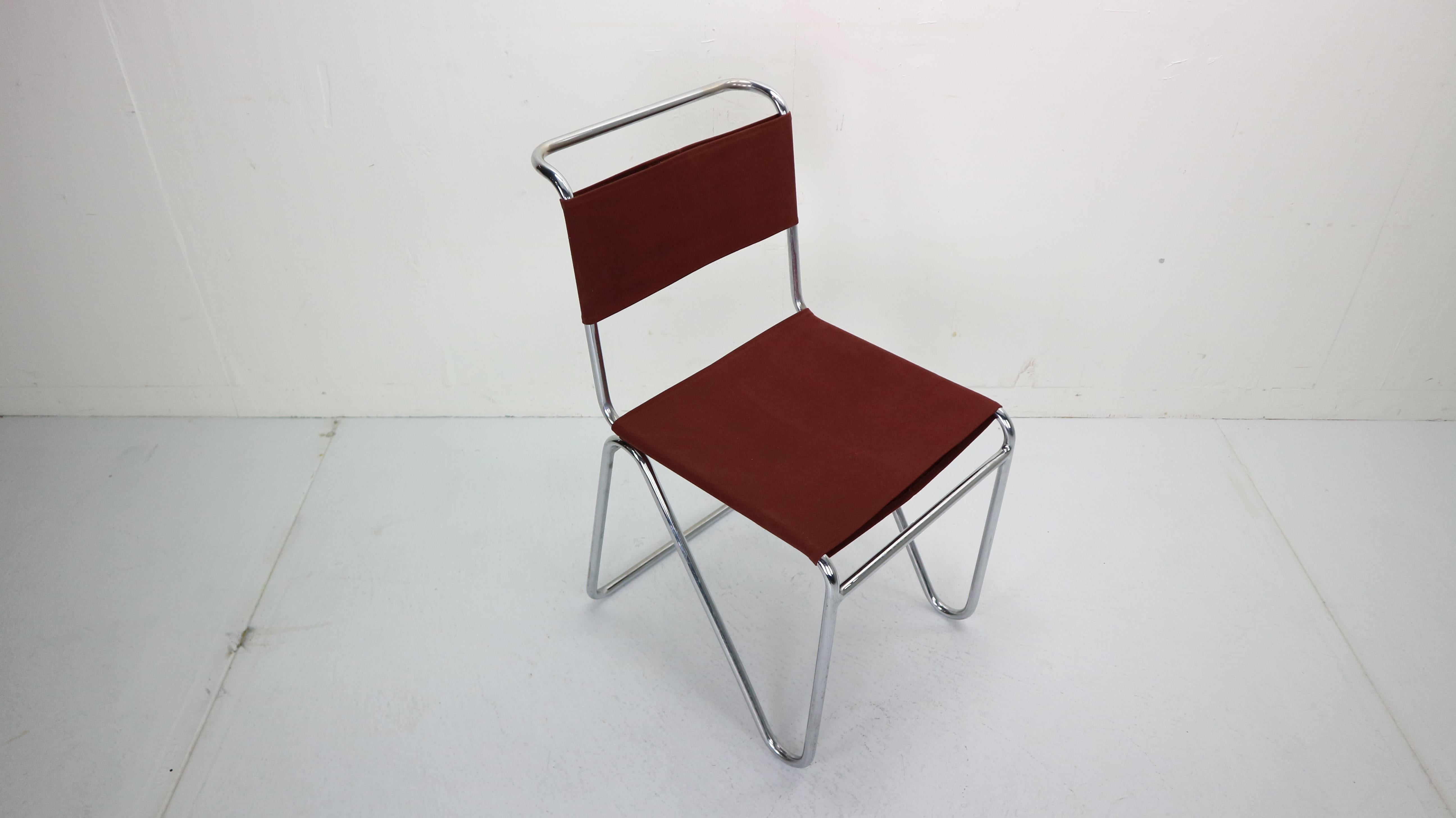 Dutch W.H. Gispen for Gispen, Diagonal Industrial Chair 102, Red Canvas, 1930s