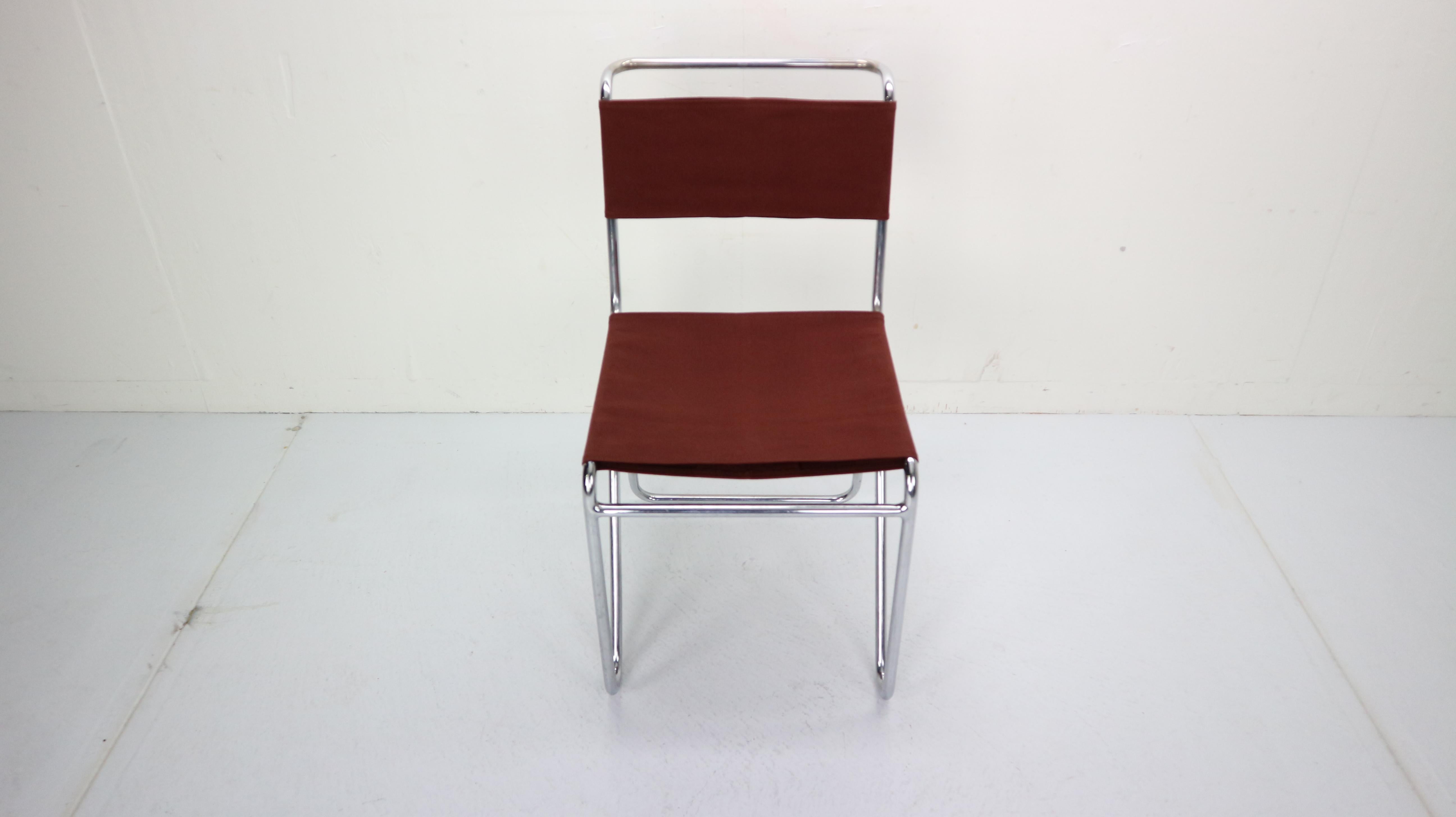W.H. Gispen for Gispen, Diagonal Industrial Chair 102, Red Canvas, 1930s In Good Condition In The Hague, NL