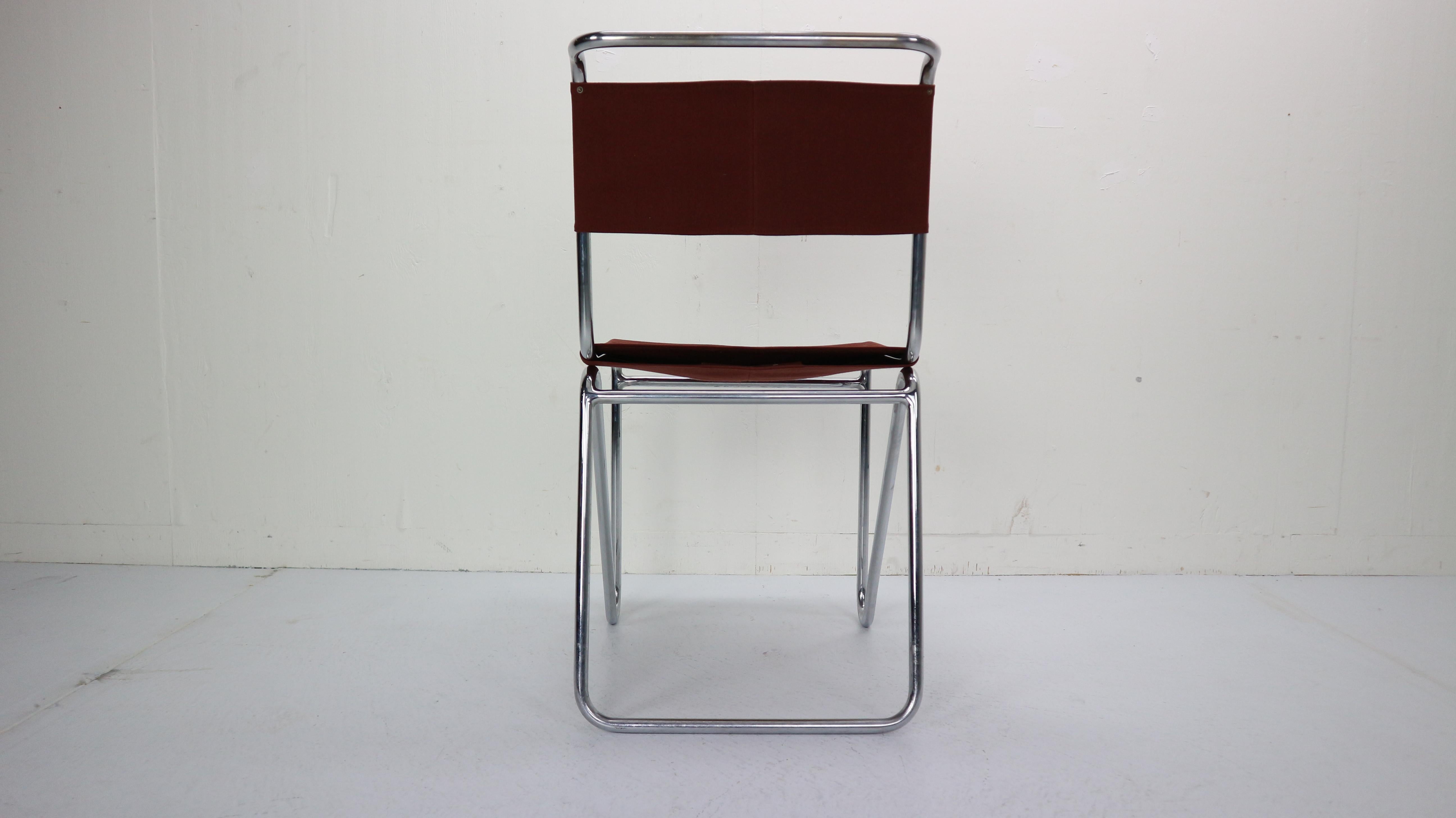 W.H. Gispen for Gispen, Diagonal Industrial Chair 102, Red Canvas, 1930s 4