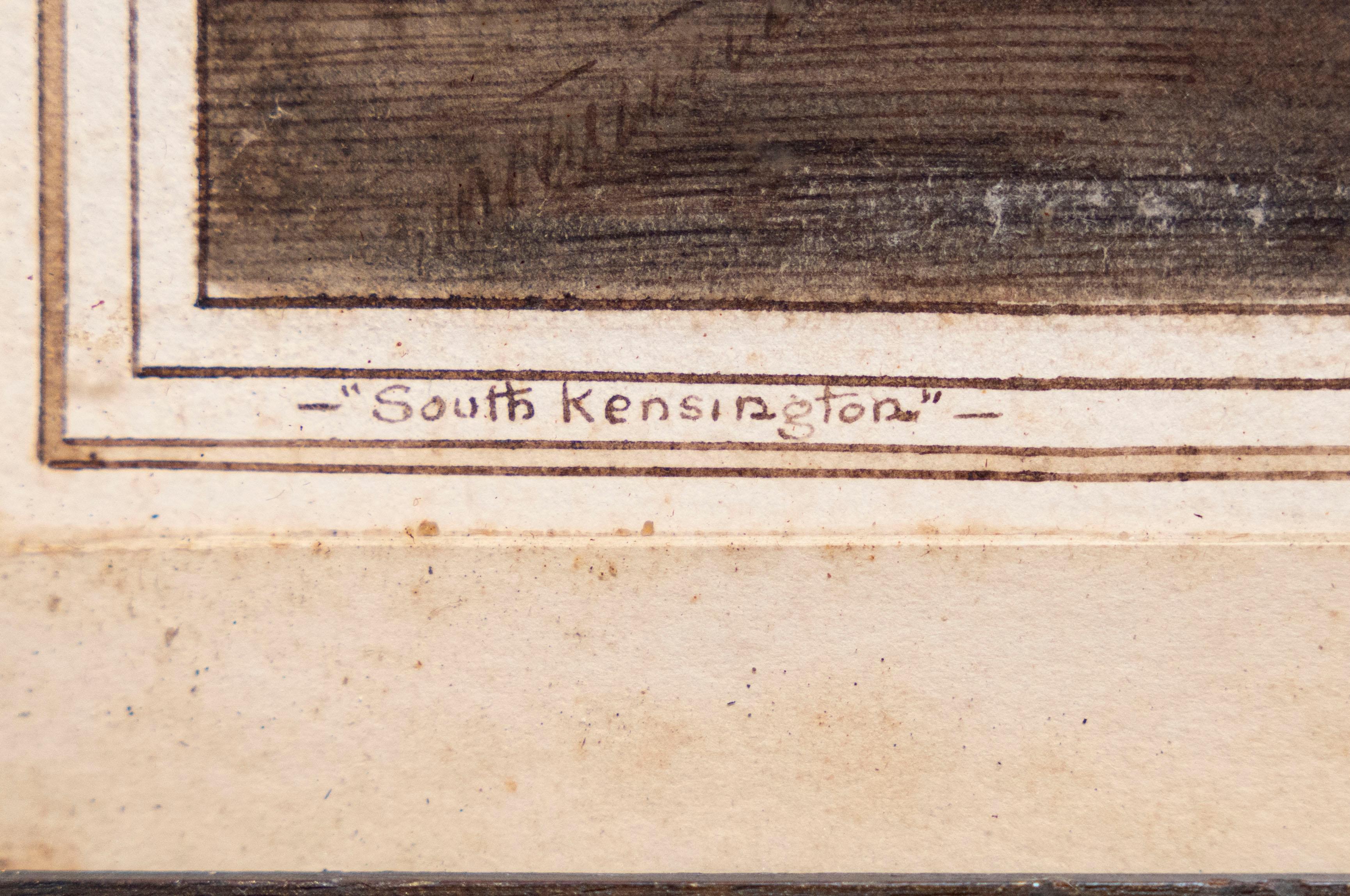 W.H Manuel Nachtszene in South Kensington 1914 Signiert und datiert unten rechts, 'WH Manuel 1914' Betitelt unten links  Braune Tuschefeder auf Papier Verso ausführlich beschriftet  Abmessungen: (Rahmen) 16 Zoll. (H) x 18 in. (B) (Papier) 12 Zoll.