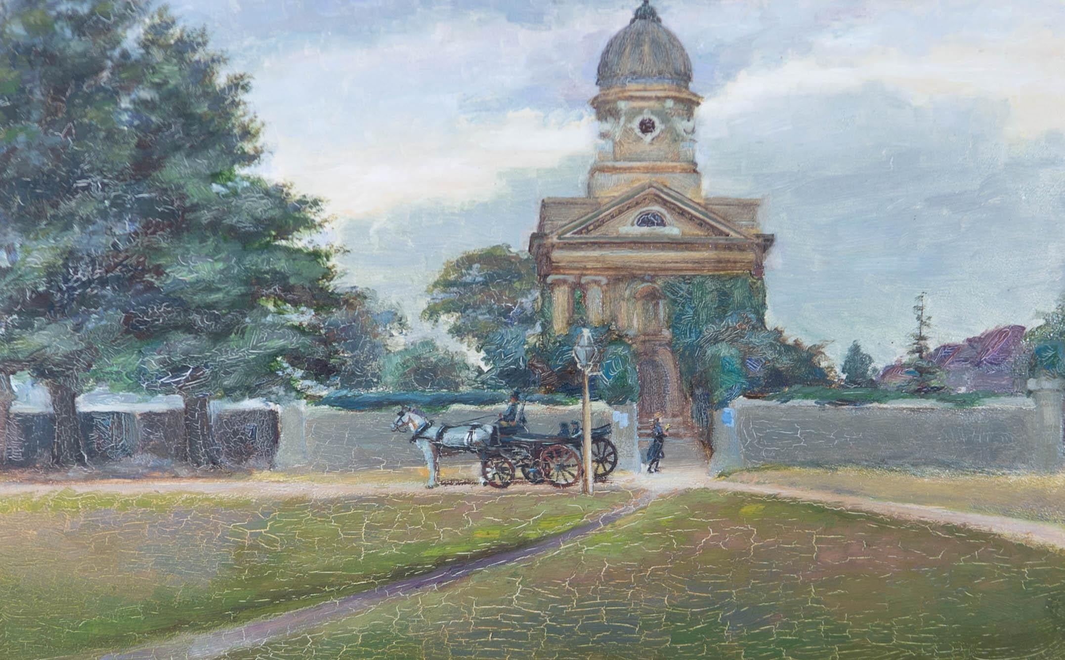 A rustic, late 19th Century oil showing a grand church with domed spire. Outside, a horse drawn carriage has stopped and a young girl in Sunday school clothes has disembarked, headed for the church. The painting has been signed and dated in the