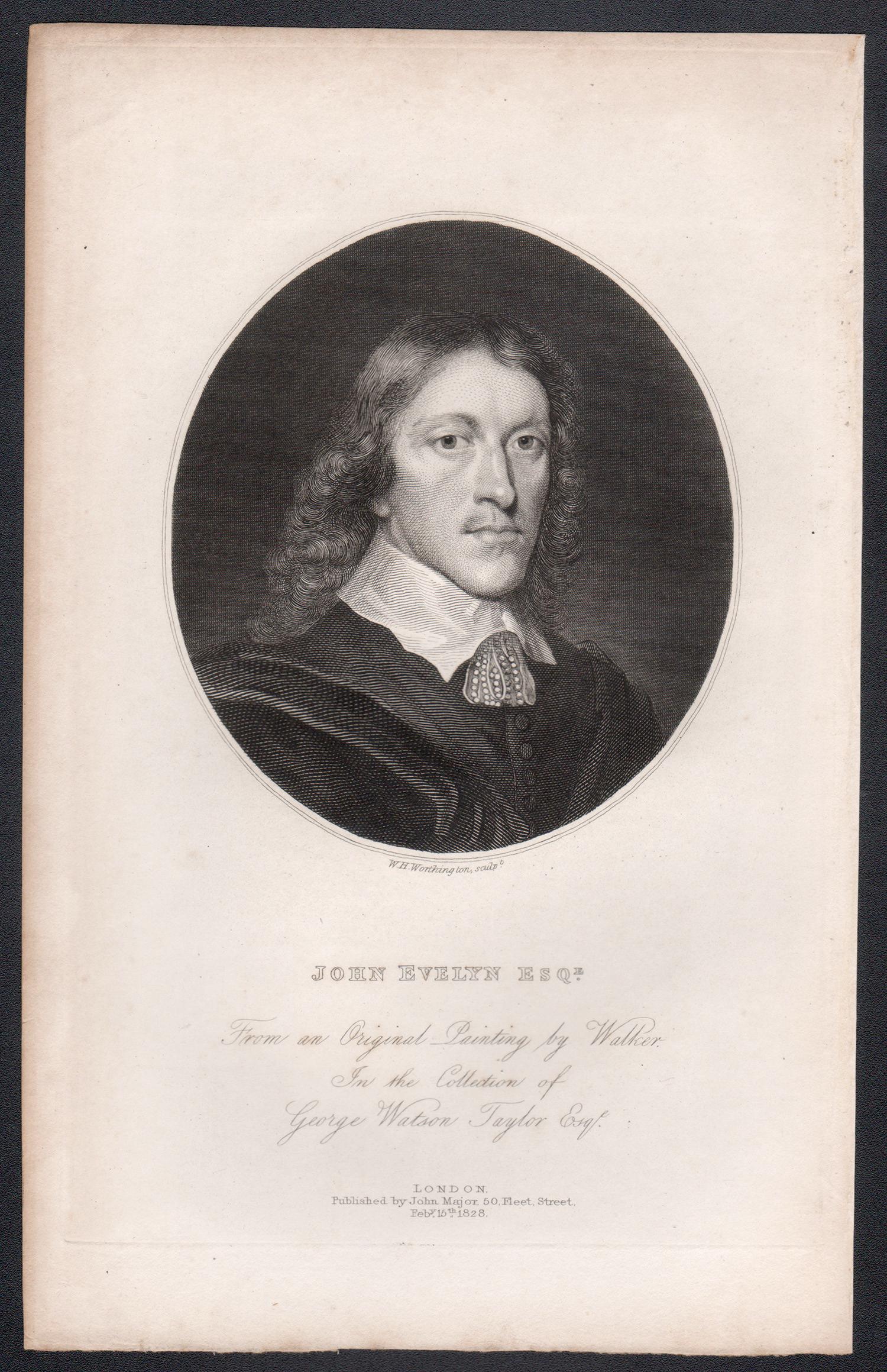 John Evelyn Esq., English diarist, early 19th century portrait engraving print - Print by WH Worthington after Robert Walker