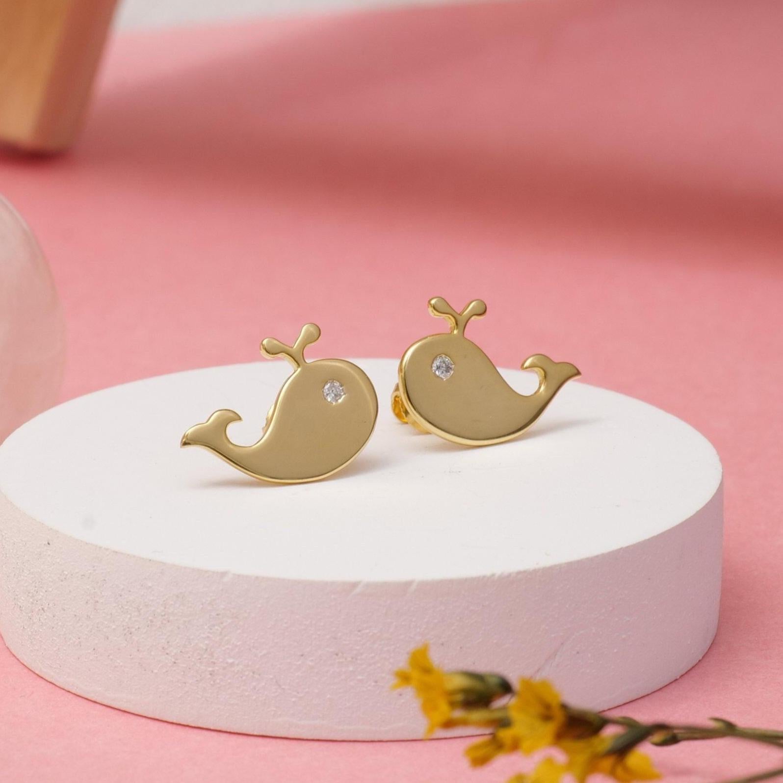 Art Deco Whale Diamond Stud Earrings in 14K Solid Gold (Certified) For Sale