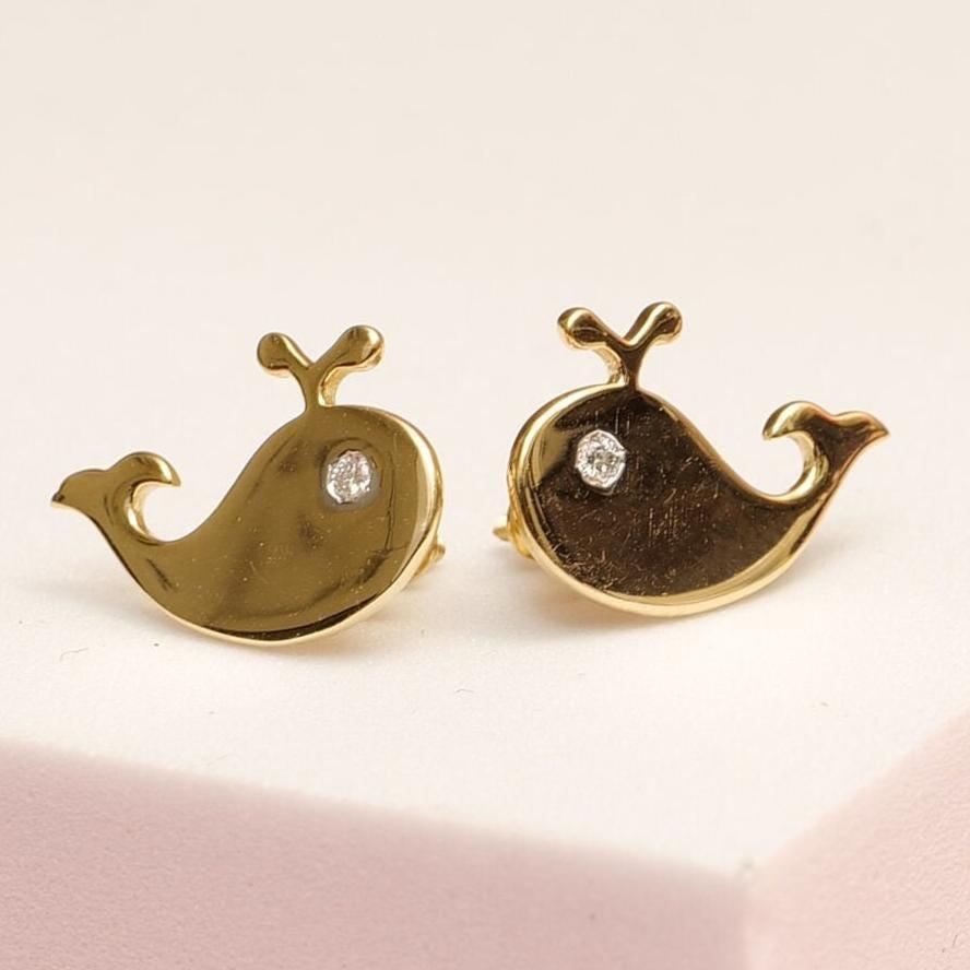 Round Cut Whale Diamond Stud Earrings in 14K Solid Gold (Certified) For Sale