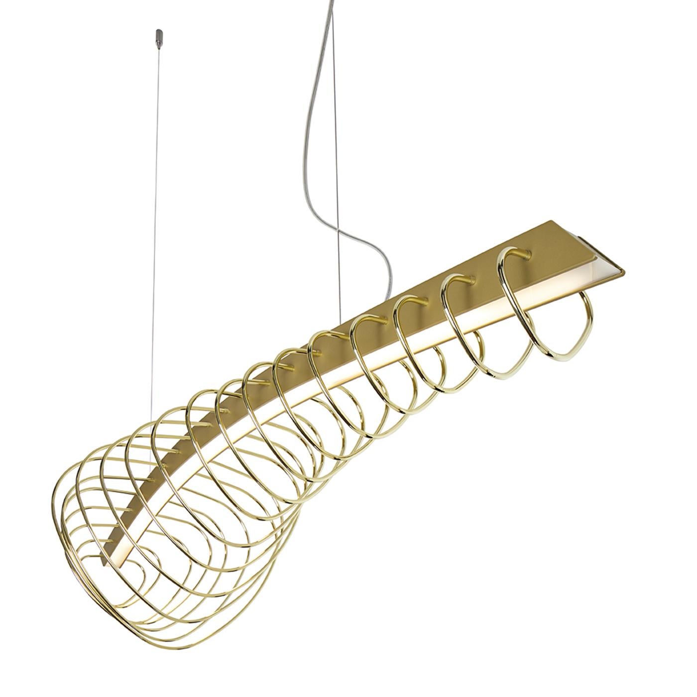 A stunning piece, this hanging light fixture is shaped in the form of a large whale in all its glory. Created by designer Leo De Carlo, this piece is entirely in polished brass, which is looped in individual sections to represent a whale’s skeleton.