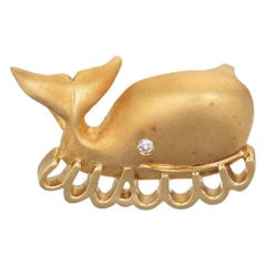 Whale Pendant Enhancer Vintage 18k Gold Diamond Eye Estate Marine Ocean Jewelry