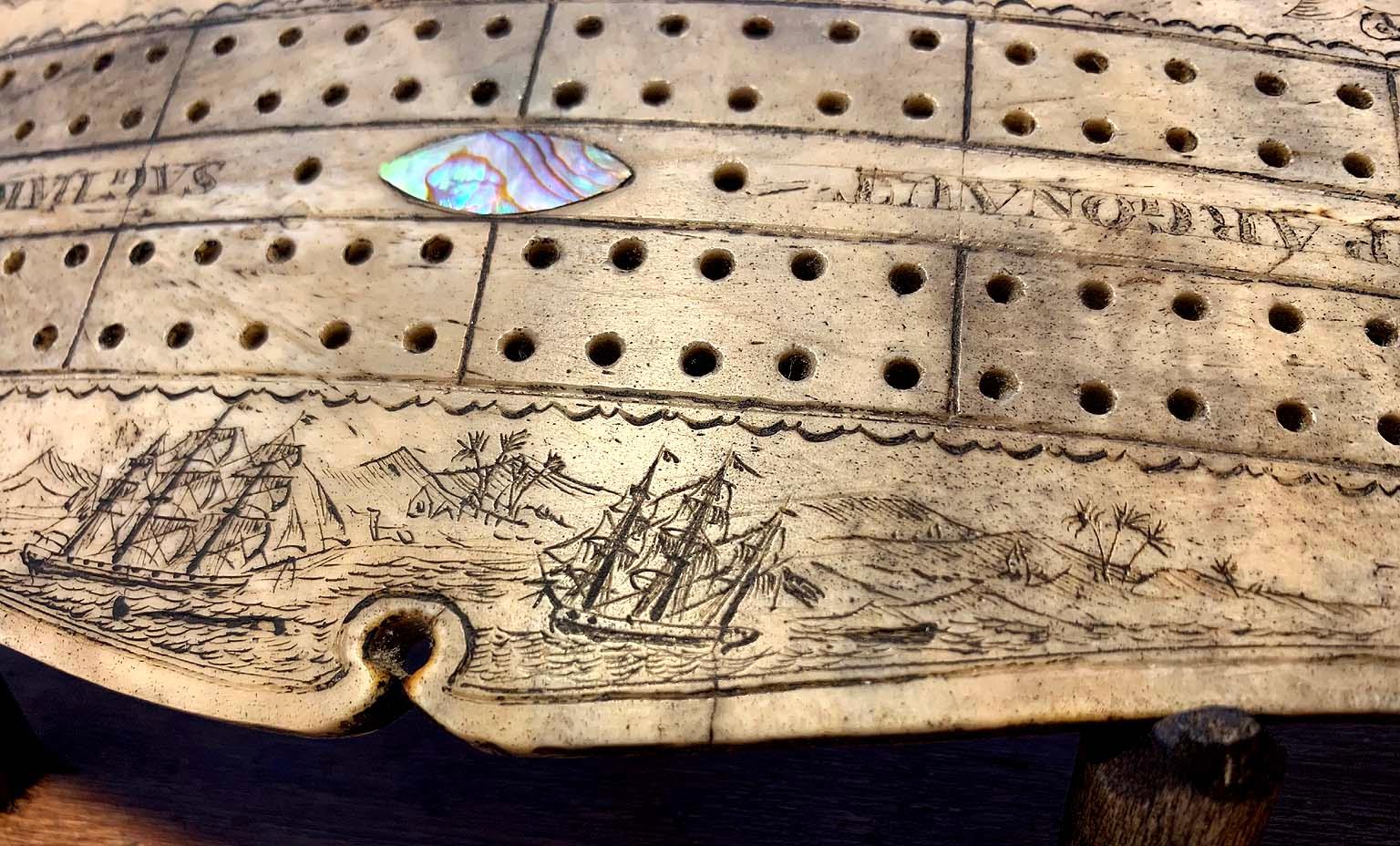 Folk Art Sag Harbor Whale Scrimshaw Cribbage Board For Sale