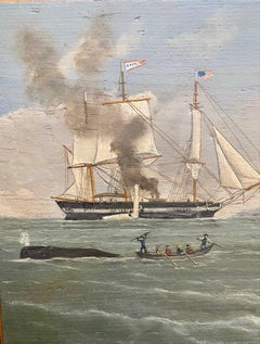 Whaling Seascape on Wooden Panel