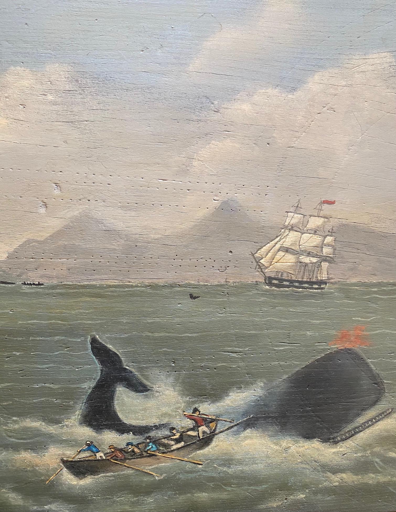 Folk Art Whaling Seascape on Wooden Panel