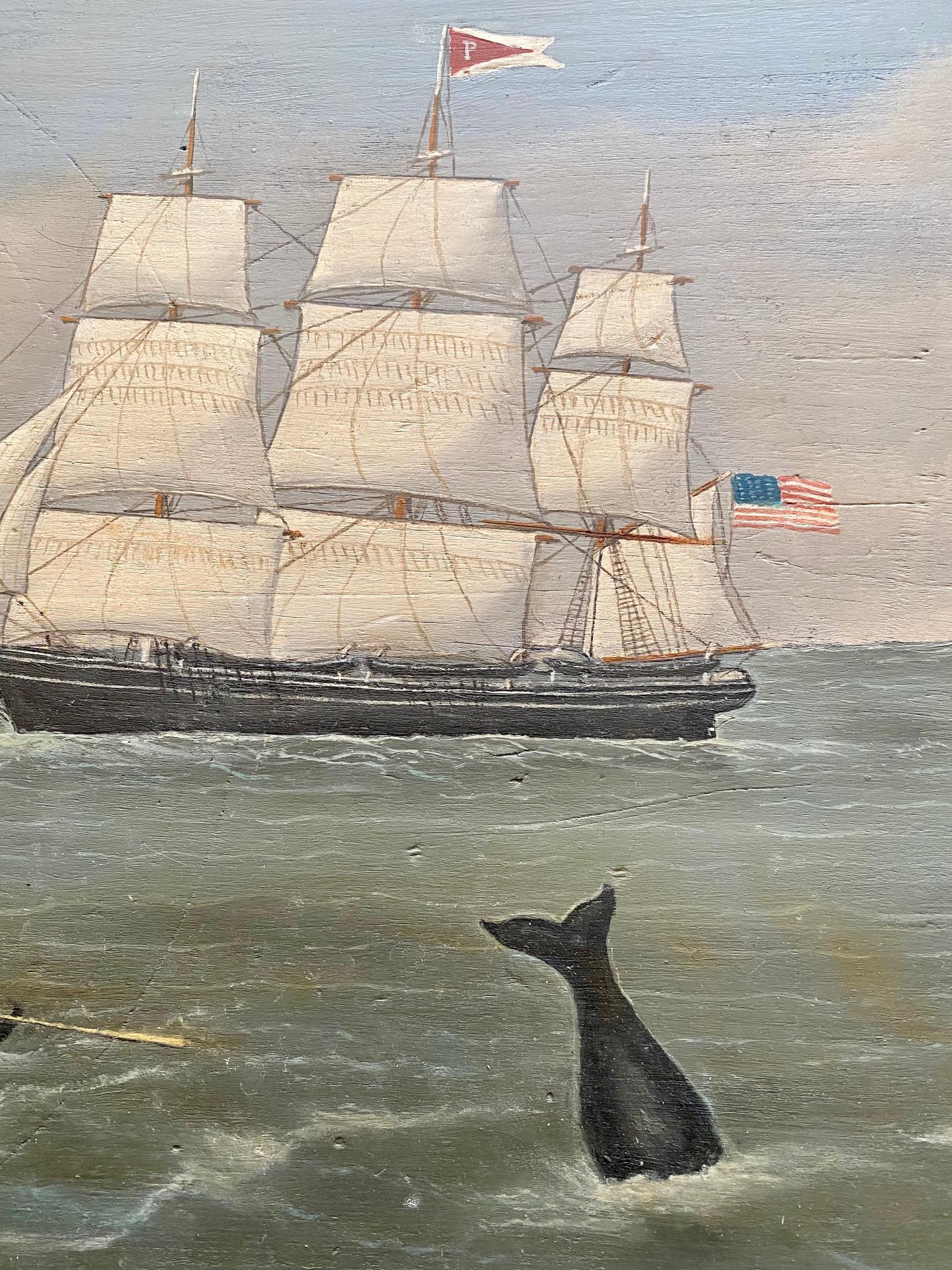 Hand-Painted Whaling Seascape on Wooden Panel