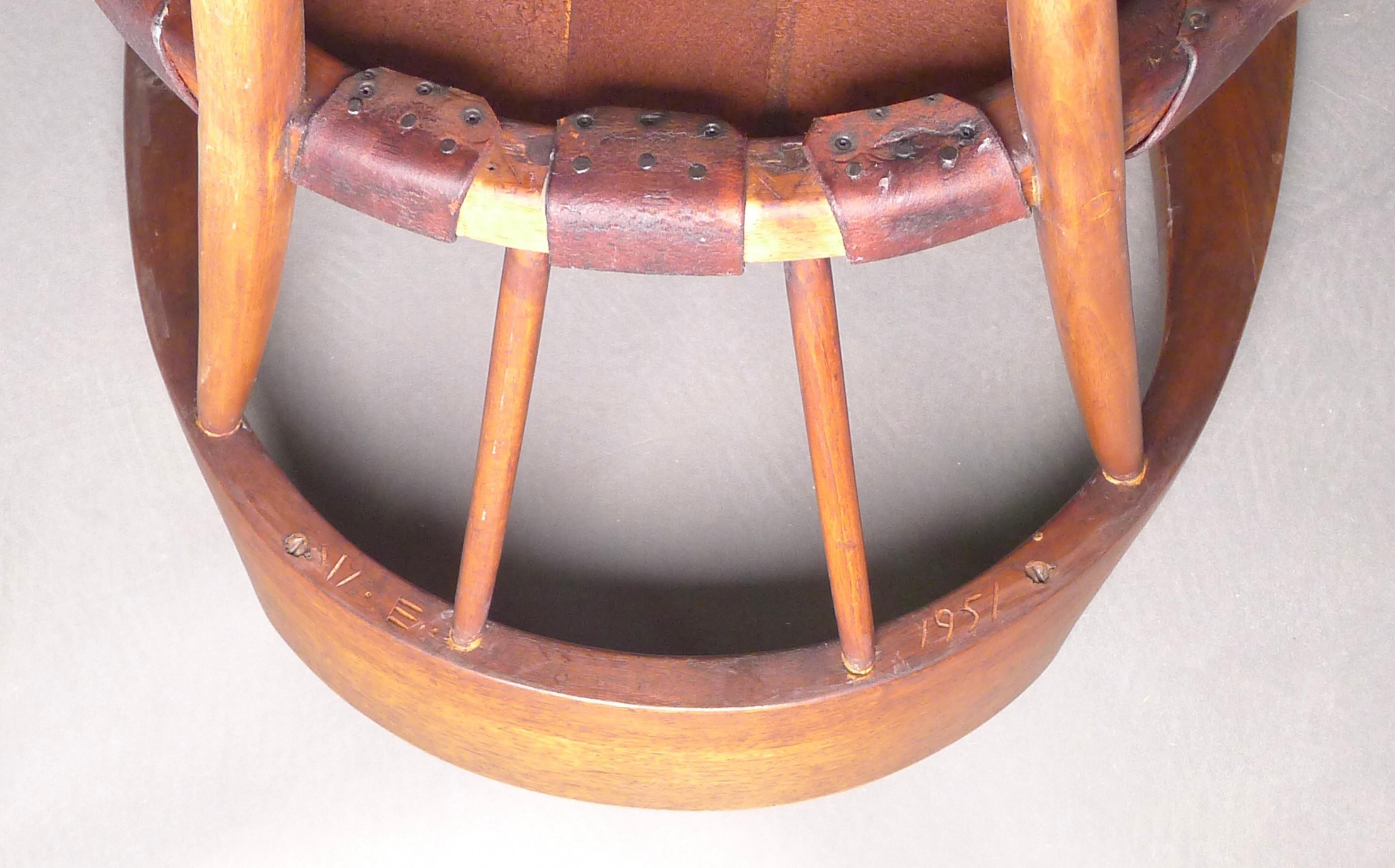 Wharton Esherick, Captains Chair, walnut and leather, initialled and dated 1951 For Sale 3