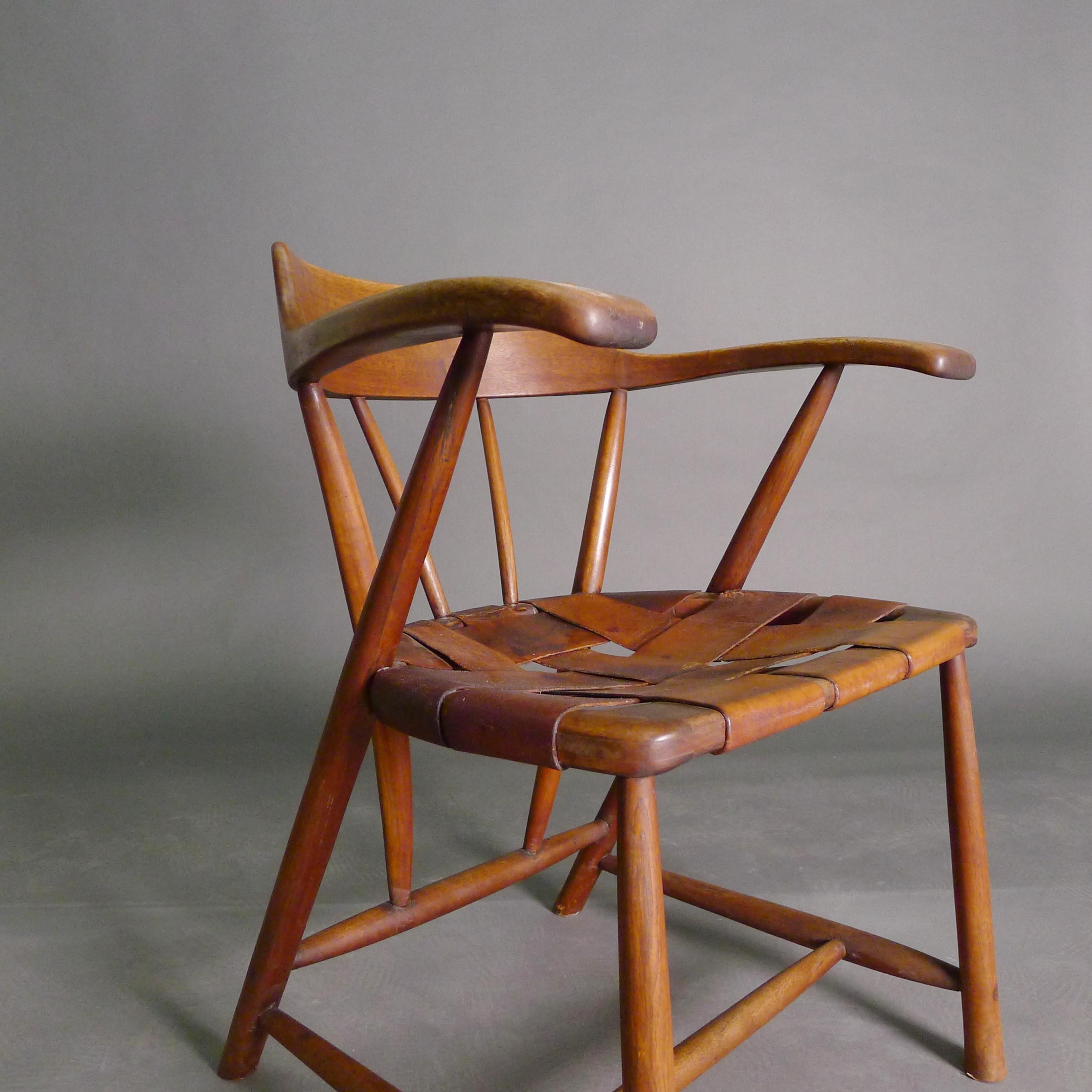 Wharton Esherick, Captains Chair, walnut and leather, initialled and dated 1951 For Sale 4
