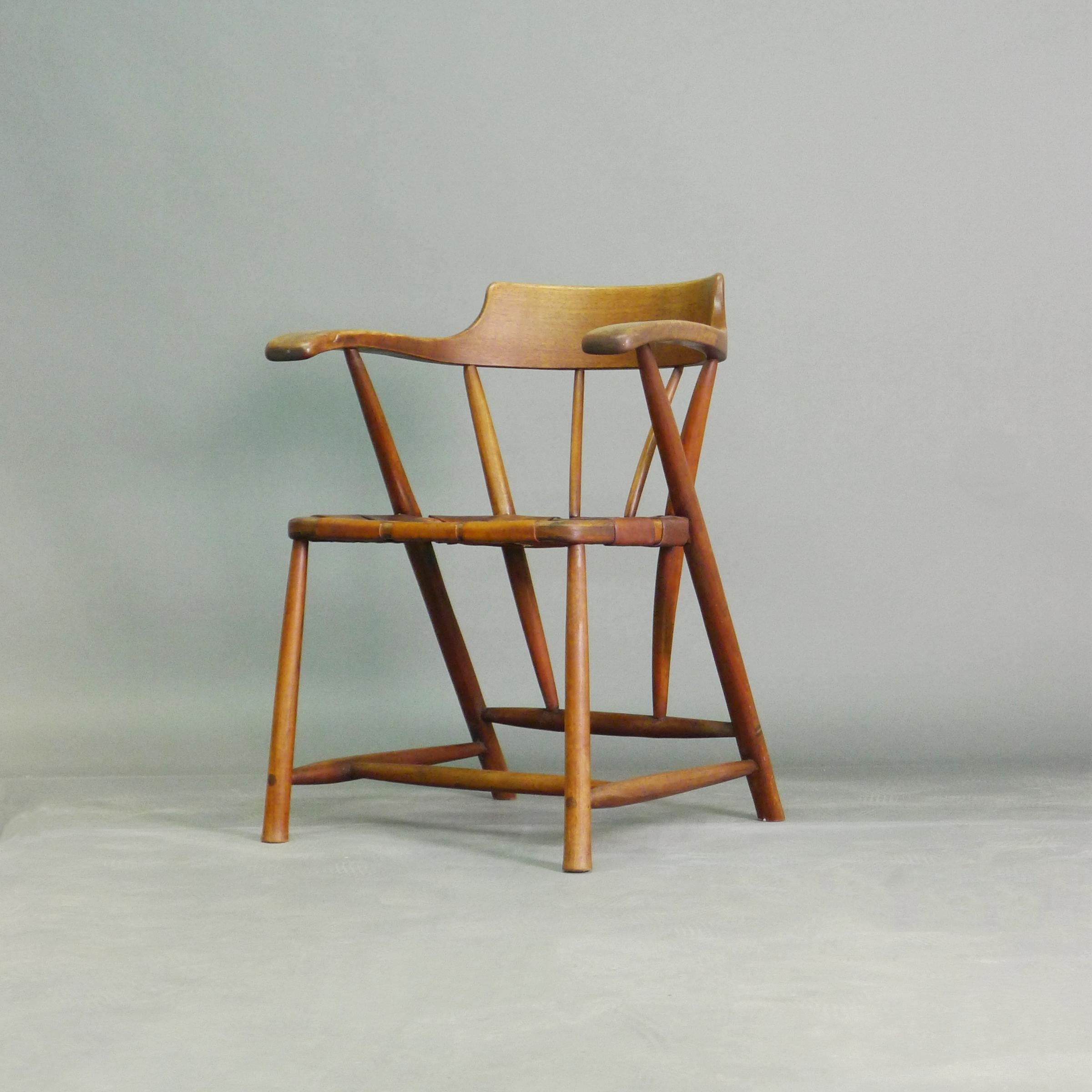 Mid-Century Modern Wharton Esherick, Captains Chair, walnut and leather, initialled and dated 1951 For Sale