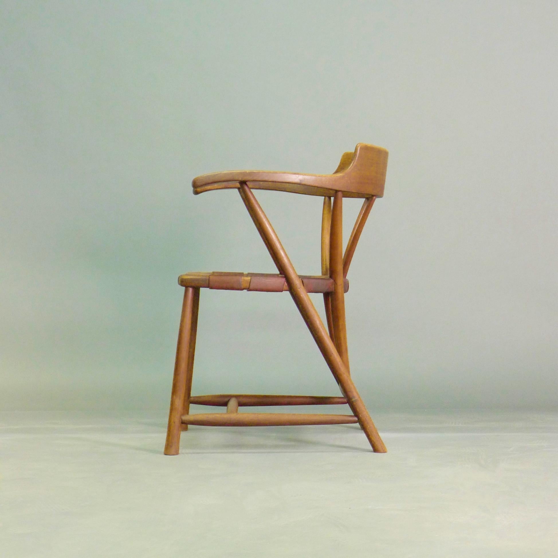 American Wharton Esherick, Captains Chair, walnut and leather, initialled and dated 1951 For Sale