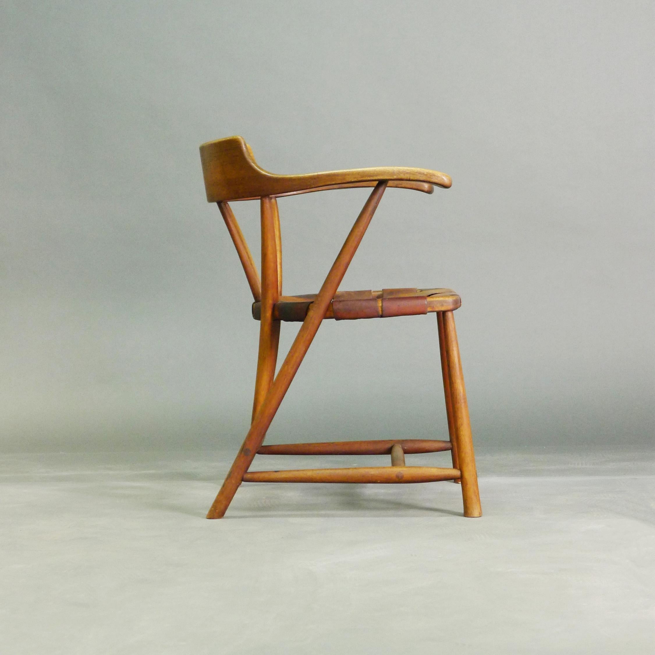 Wharton Esherick, Captains Chair, walnut and leather, initialled and dated 1951 For Sale 1