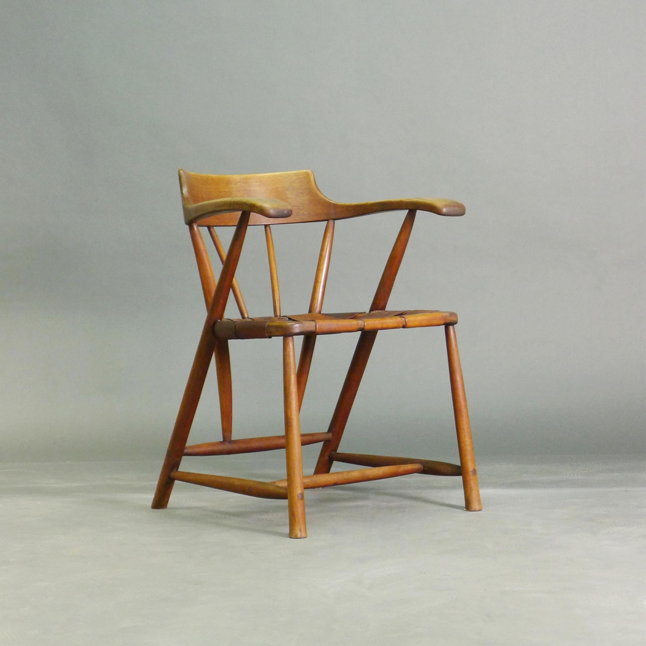 Wharton Esherick, Captains Chair, walnut and leather, initialled and dated 1951 For Sale 2